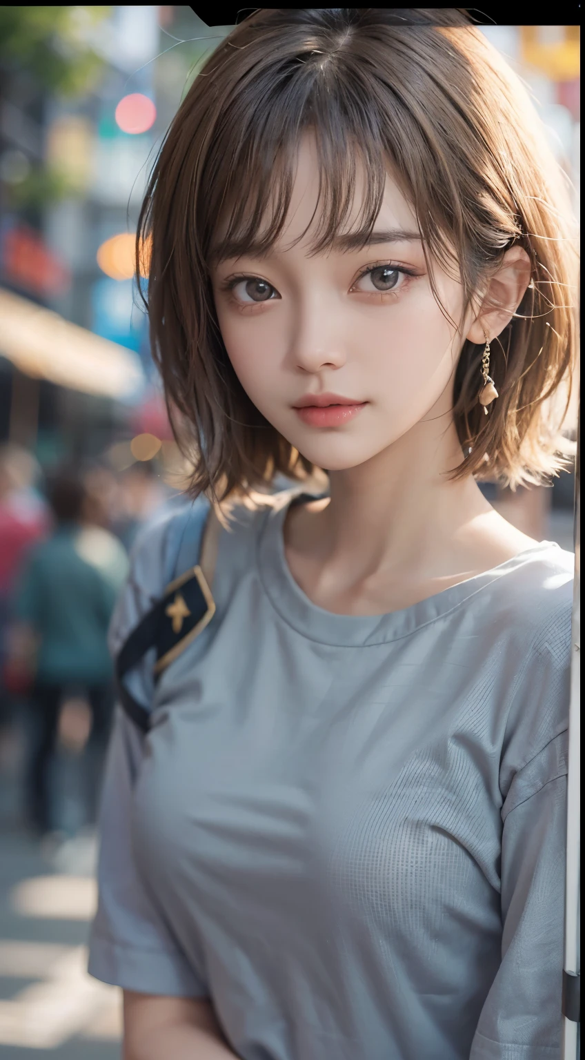 Masterpiece, 1 beautiful girl, detailed eyes, swollen eyes, top quality, super high res, (realism: 1.4), original photo, cinematic lighting, Japanese, very beautiful, beautiful skin, slender, (super realistic), (high res), (8K), (very detailed), (beautifully detailed eyes), (super detailed), ( (detailed face), looking at viewer, very smiling, looking straight ahead, black colored eyes, body facing forward, bright street trees, brown hair color, short cut, urban street trees in background, pretty light blue Y shirt,