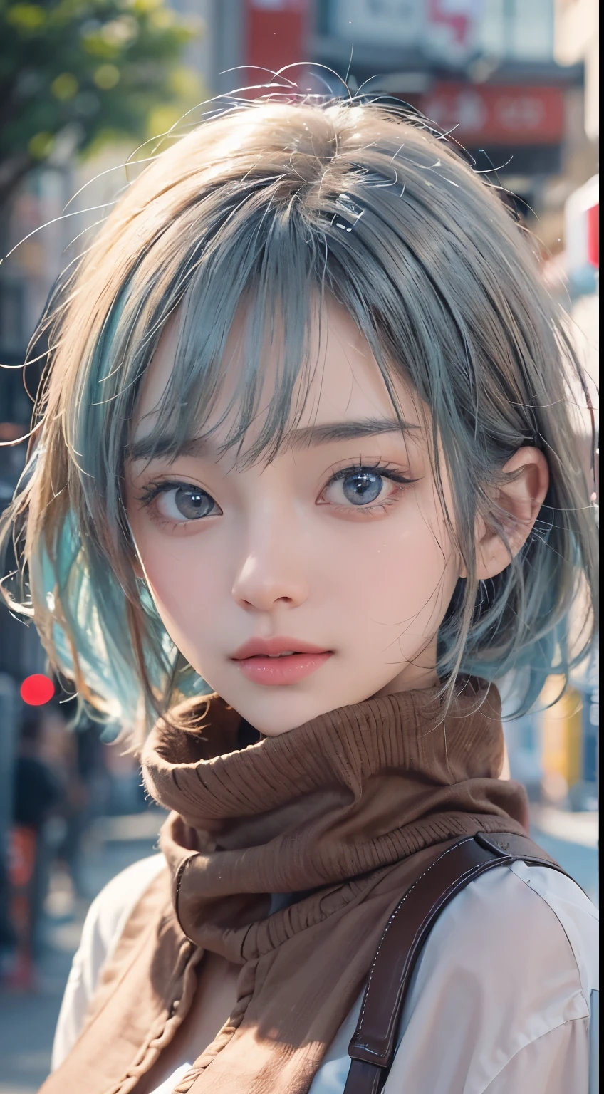 Masterpiece, 1 beautiful girl, detailed eyes, swollen eyes, top quality, super high res, (realism: 1.4), original photo, cinematic lighting, Japanese, very beautiful, beautiful skin, slender, (super realistic), (high res), (8K), (very detailed), (beautifully detailed eyes), (super detailed), ( (detailed face), looking at viewer, very smiling, looking straight ahead, black colored eyes, body facing forward, bright street trees, brown hair color, short cut, urban street trees in background, pretty light blue Y shirt,