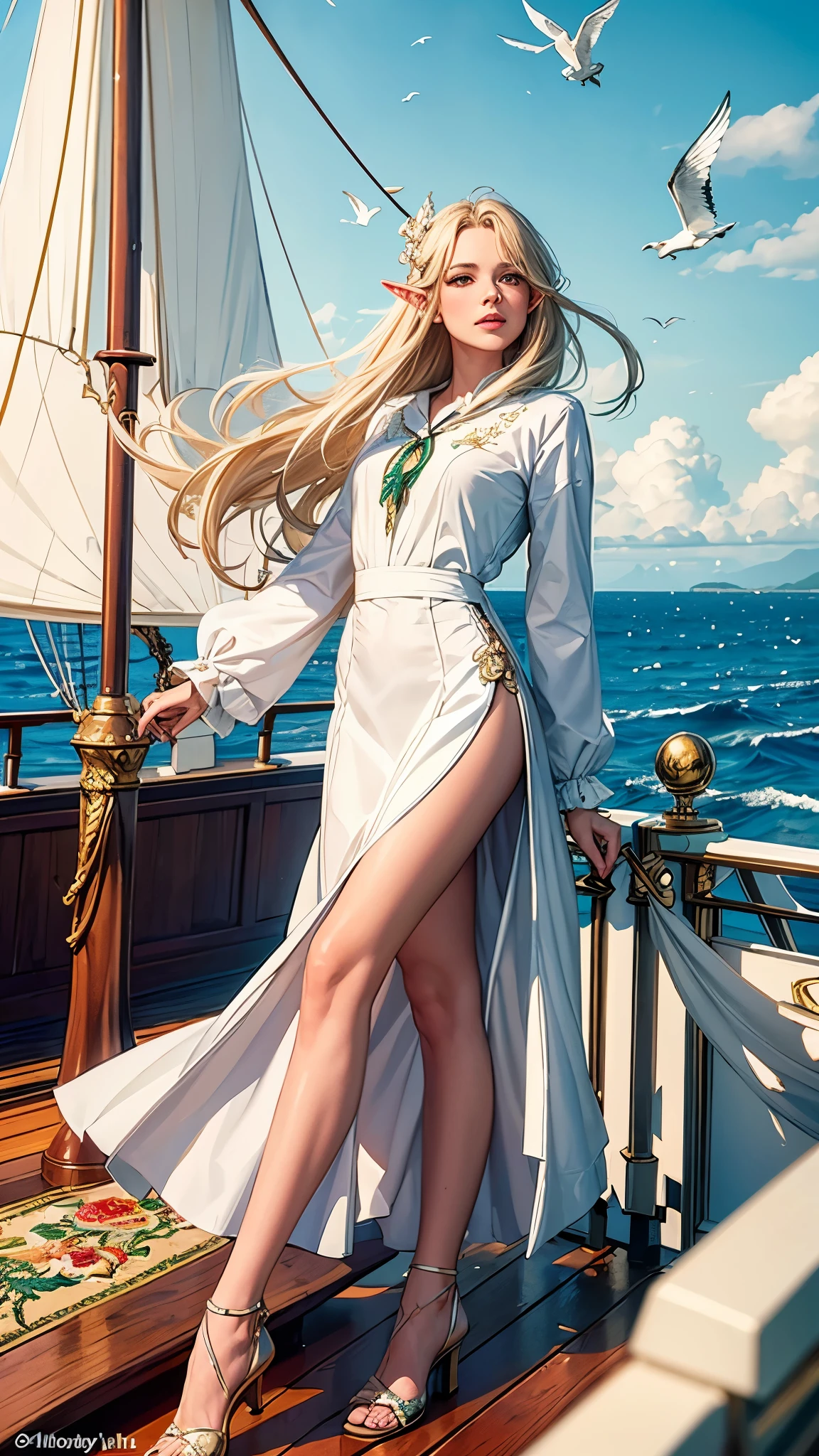 (((masterpiece, best quality, HD, high detail)))), ((((fantasy))), one, (Elf female)))), (White gold embroidered skirt), (blonde long straight hair), (glossy dark green eyes), (Gold embroidered white ruffled shirt), big deal, (((On the deck of a sailing ship at sea)), (The vast sea))), (There are clouds visible in the sky)), (( Seagulls fly in the sky)), Smile, (breeze), light particles flying
