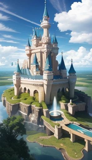 (Floating land and floating castle design of aerial forest and fountain, Over some clouds and thunderstorms)1.4, Bird's-eye view, Scenery, No humans, A fantastic magical world, (Best Quality), (masutepiece:1.3), (Photorealistic:1.36), (Realistic), Ultra-detailed,, Detail Background,云、Planes、blimp、a bird、shooting stars、Fantastical