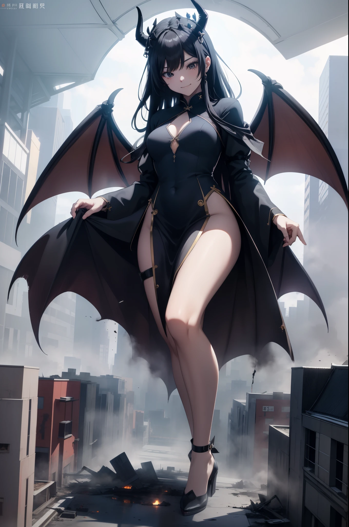 Aerial View，giant girl 50,000 feet high，Have a pair of long legs，Possessing a pair of huge demon wings，Devil's horns grow on the head，Princess，Wearing a crown，miniskirt，有一头black齐腰长发，loose hair，Wearing a pair of Mary Jane heels，black卷发，A look of enjoyment，Standing over a ruined city，城市到处是blood stains，Beautiful appearance，Exquisite makeup，quality，8k，高quality，(governor:1.5)，Perfect proportion, Cinema lighting，film grain，Fuji colors，8k，textured skin，Super details，high detail，high quality，high resolution，explode，fake smile，black，blood stains，脚底有blood stains