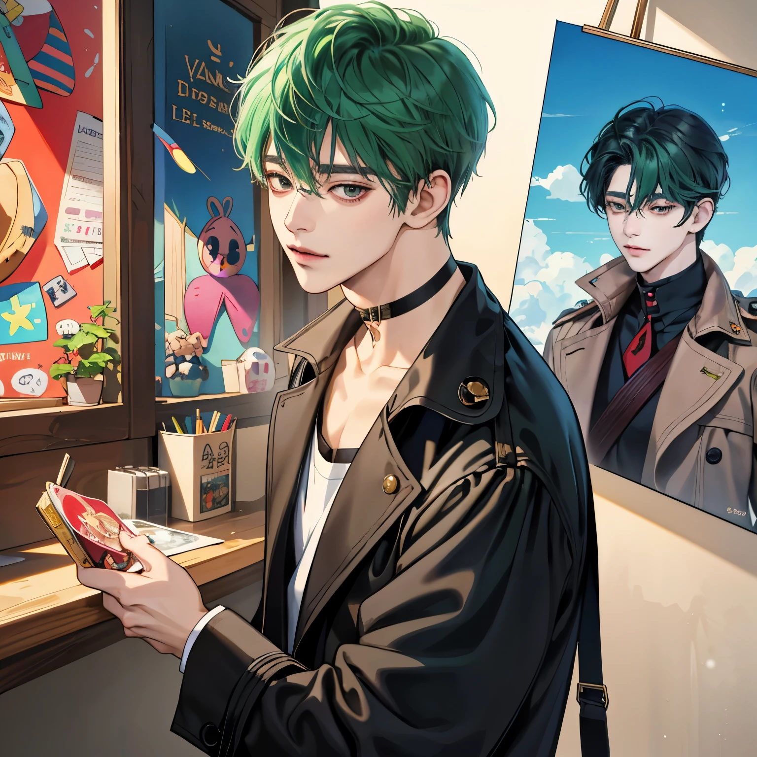 Guviz-style artwork, Made at Anime Painter Studio, anime realismスタイル, realistic anime art style, Drawn at Anime Painter Studio, Inspired by Kim Taehyung, In an anime style, anime handsome man, Inspired by Kim Taehyung, anime realism、Green hair、A sloppy smile、choker、Multiple piercings、Man with short hair、One man、Inspired by Kim Taehyung、Inspired by Kim Taehyung、gray eyes、trench coat、morning、Cafe、One man、Inspired by Kim Taehyung、