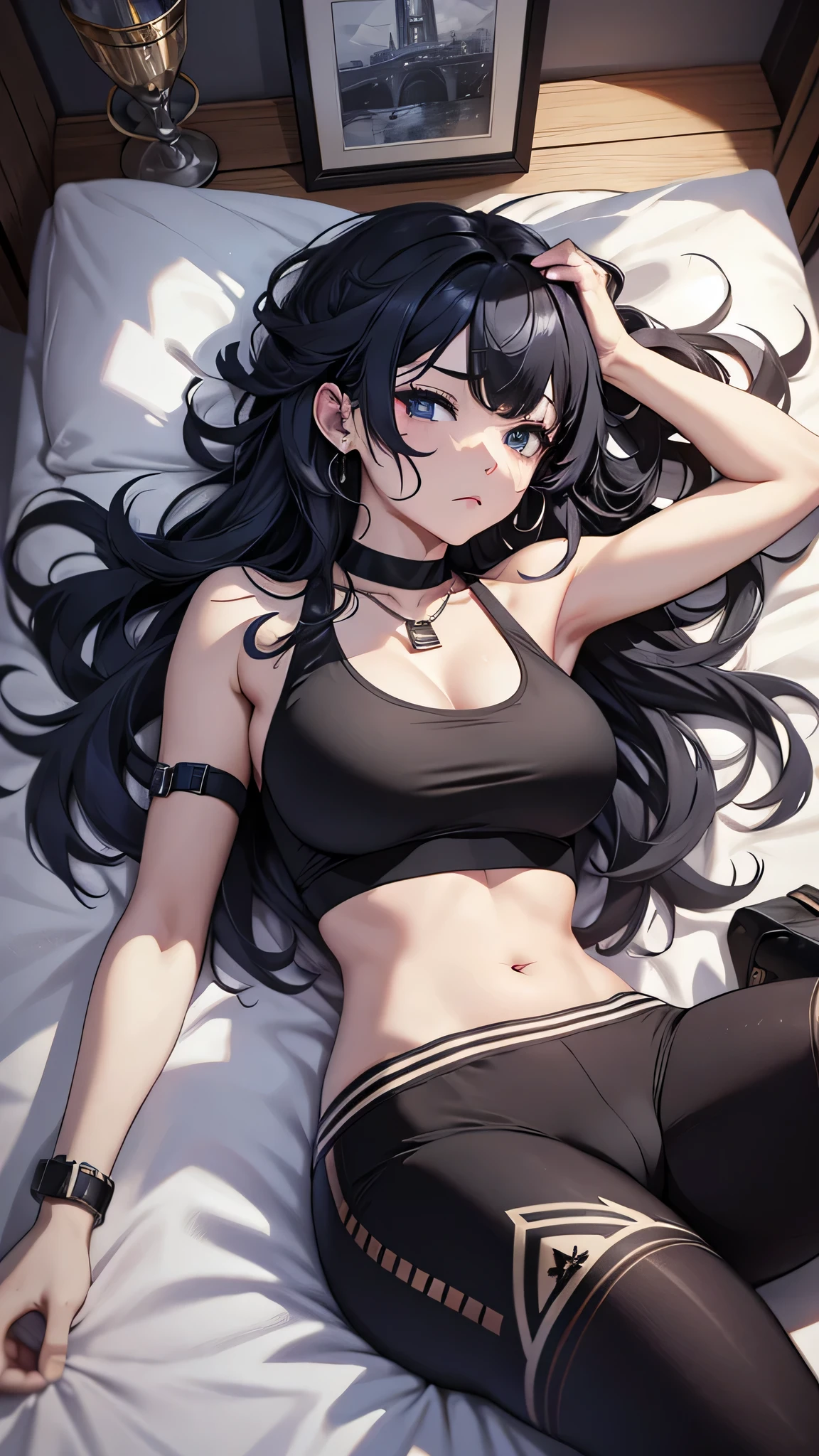 最high quality、best image quality、masterpiece、age girl((18-year-old、 By becoming、vest bust、medium bust,wide open breast tea、black eye, black hair、long hair、thin,highest valley、cute makeup、red sports bra、Black sports pants、White Necklace、Blackface Paint、tired face、Sweat、sleep、worst sleeping position)),high quality、beautiful art、background((on the bed)),debris flies、Depth of written boundary、movie、visual art、perfect art、8K,genuine