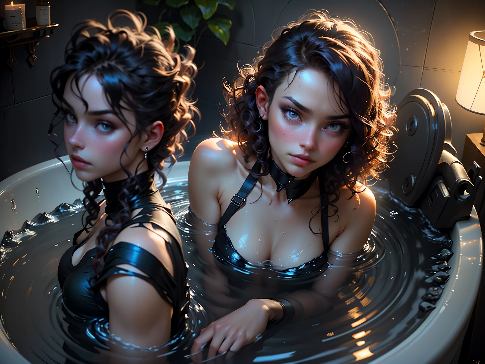 (sharp focus:1.2), photo, Attractive young woman, (pretty face:1.1), delicate eyes, sweet lips, (Smoky eye makeup:0.85), (medium breasts:1.0), (athletic body:1.2), (curls:1.2), wear (:1.2) in a bathtub. (moody lighting:1.2), depth of field, Bokeh, 4K, human development report. go through (James C. Christensen:1.2|Jeremy Lipkin:1.1).