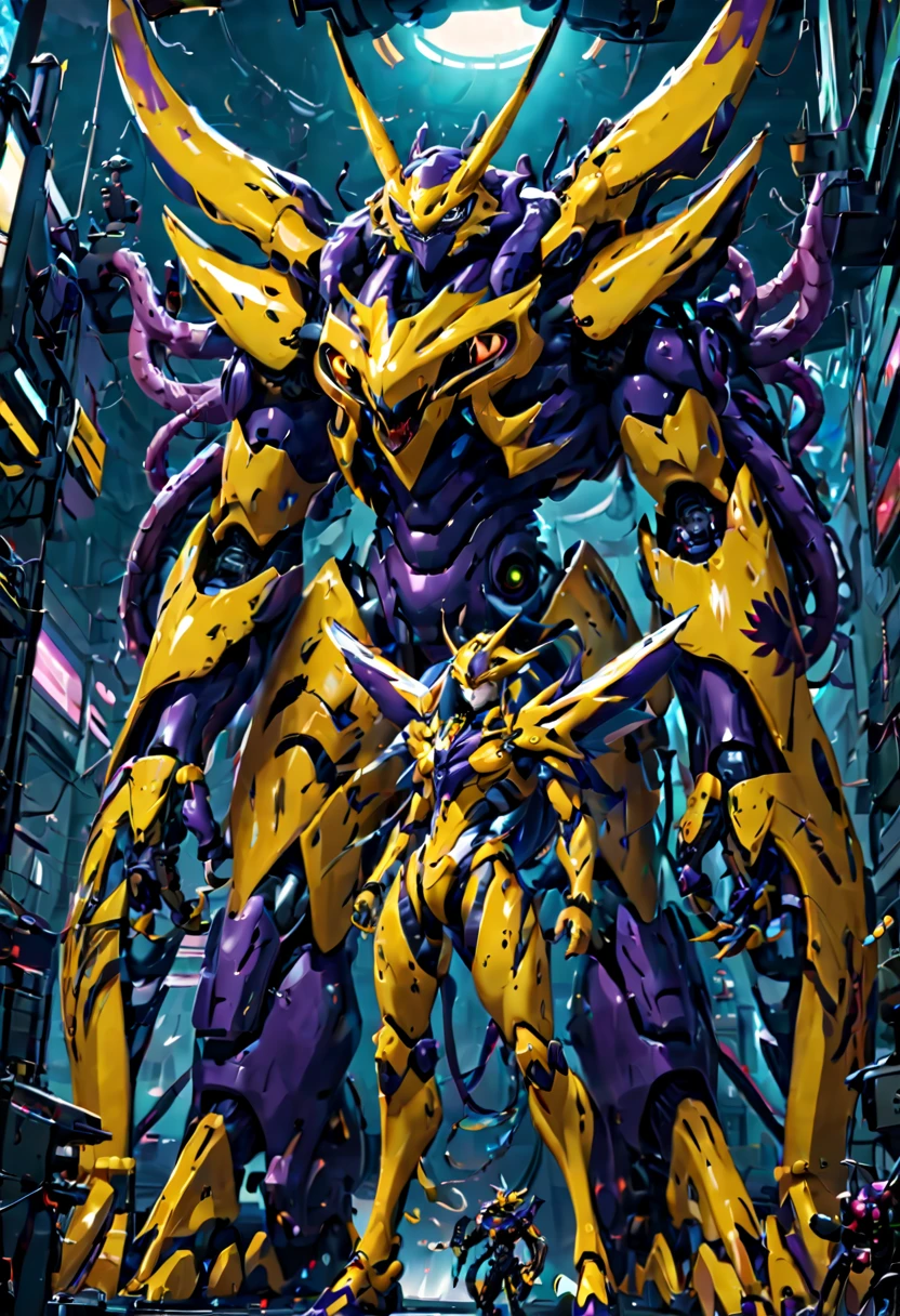 NSFW,Pilot and giant battle mecha,The pilot is inside a giant battle mech.,Pilot details(Height: 160cm,The pilot is in front of a giant battle mech.,The pilot wears a Renamon-type full body suit.,He hides his face with a Renamon-type full face.,Riding in a tentacle-shaped cockpit,Pussy is connected to tentacles,Renamon type full body suit is sticky and glossy with mucus.,evil depravity,symbiote),Details of the giant battle mecha(Looks like a fusion of Renamon and Evangelion,symbiote,evil depravity,About 10 meters tall,standing behind the pilot)