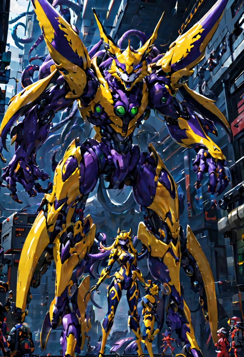 NSFW，Pilot and giant battle mecha，The pilot is inside a giant battle mech.，Pilot details(Height: 160cm，The pilot is in front of a giant battle mech.，The pilot wears a Renamon-type full body suit.，He hides his face with a Renamon-type full face.，Riding in a tentacle-shaped cockpit，Pussy is connected to tentacles，Renamon type full body suit is sticky and glossy with mucus.，evil depravity，symbiote)，Details of the giant battle mecha(Looks like a fusion of Renamon and Evangelion，symbiote，evil depravity，About 10 meters tall，standing behind the pilot)