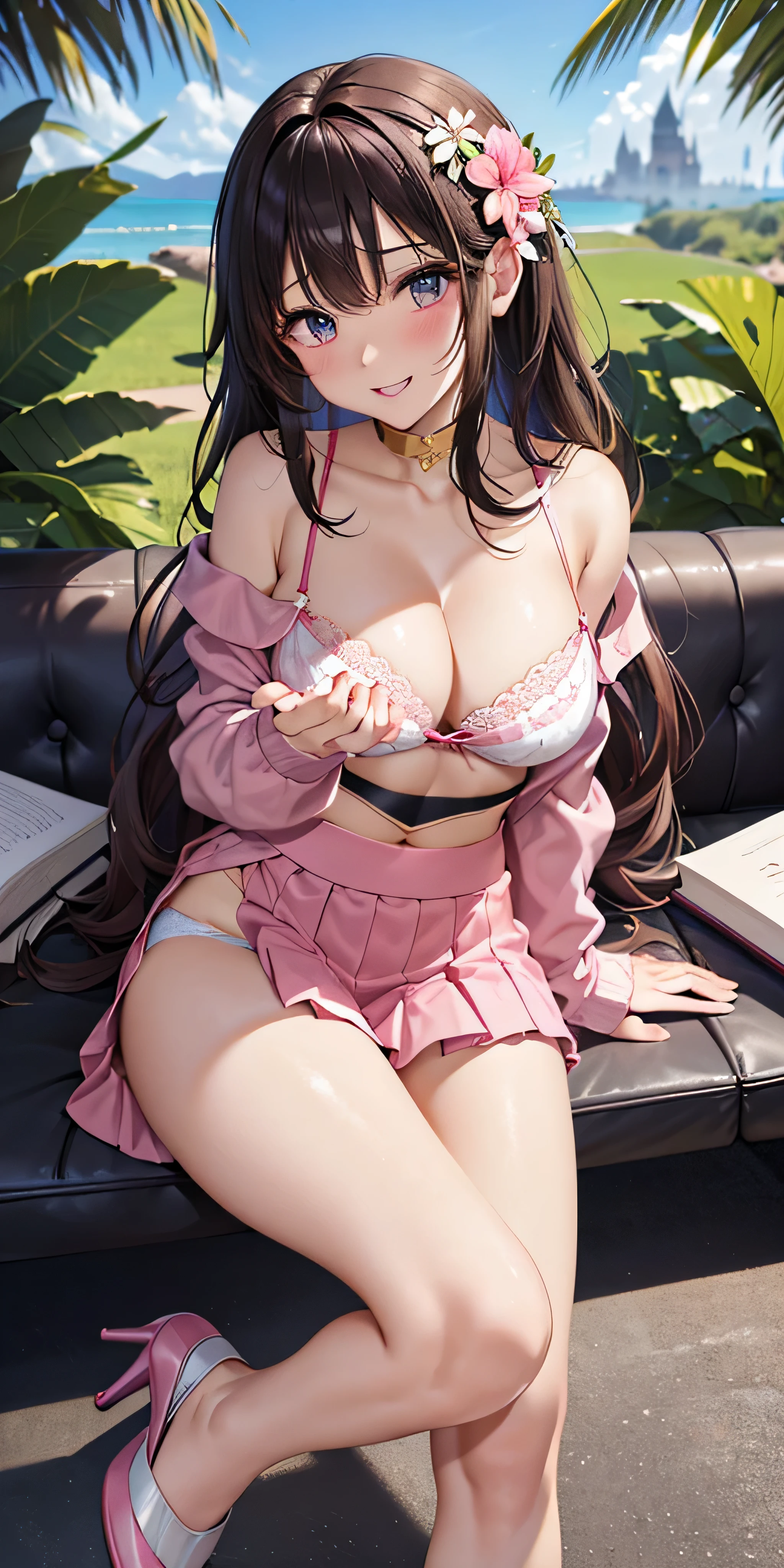 table top, highest quality, Highly detailed CG Unity 8K wallpaper, sexy witch , long dark blonde wavy hair、off shoulder knit, dark blue pleated skirt, medium sized breasts, soft chest , blush, shy smile, bare shoulders, (white pink floral panties、、Bra with pink floral pattern on a white background、show panties、((open your legs wide、Lifting the skirt with your hands))）high heels、nice magic book、Park with castle views、sexy pose、Sit on the floor、side boob、