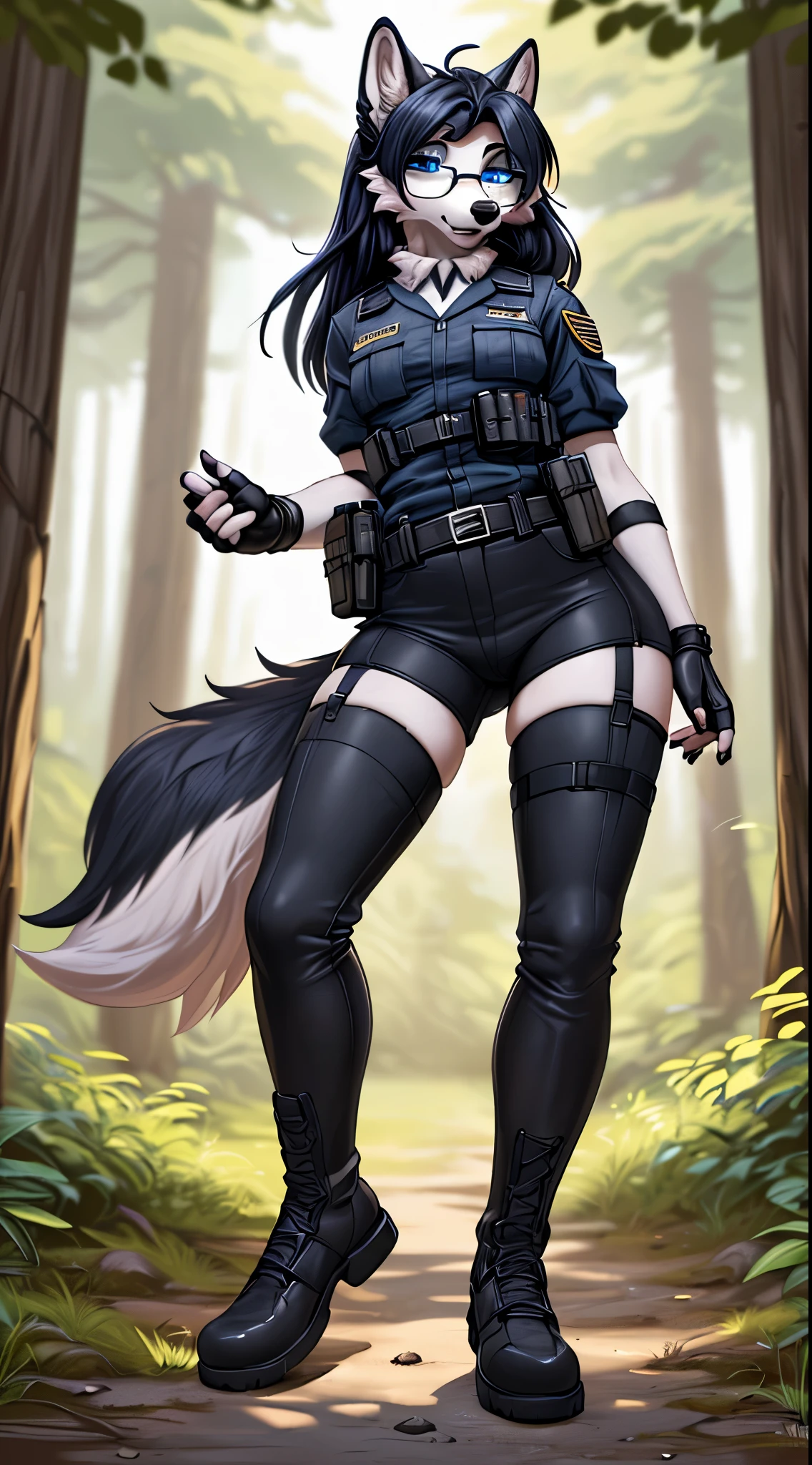 masterpiece, Best quality, she-wolf, long hair, blue eyes, in a tight black military uniform, in tight black pants and thigh-high boots, wearing fingerless gloves, wearing tactical glasses, standing in the woods