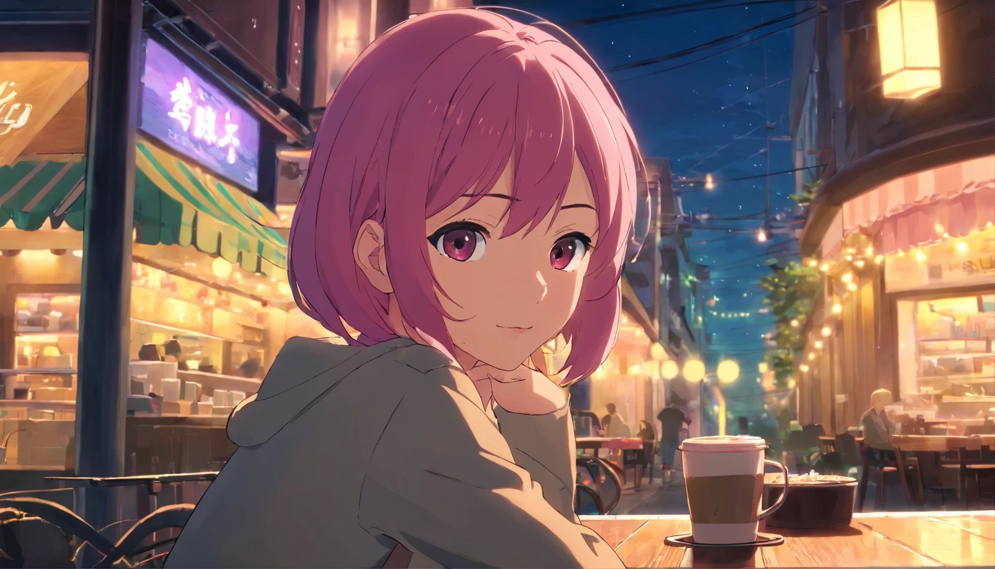 1girl, sitting, front view, ((looking at you)), pink hair, coffee shop, illuminated street, outside, dark night, date night