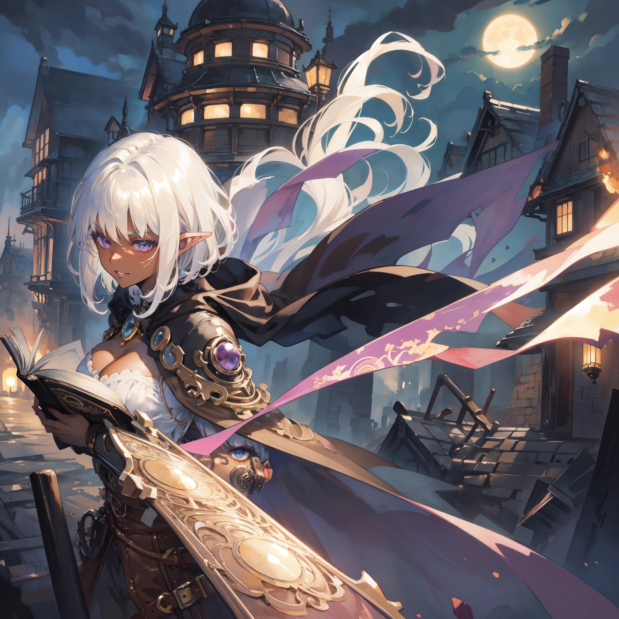 ((masterpiece )), (top quality), (best quality), ((ultra-detailed, 8k quality)), Aesthetics, Cinematic lighting, (detailed line art), Beautiful digital artwork, Exquisite digital illustration, absurdres,
BREAK,
ultra detailed portrait of Milf Dark Elf Woman, wizard, mage, illustration in steampunk style by Yoji Shinkawa, steampunk_costume, (Wearing robe and cape), (Bring a grimoire book), dynamic pose, cinematic dramatic atmosphere, watercolor painting, muted colors, watercolor style fluid and sharp focus, Art by ((Mikimoto Haruhiko)), (magical academy in steampunk architecture), dark atmosphere, ((full moon sky)), (dark night Background), (steampunk theme:1.1), intricate environment, detailed background,
BREAK,
highly detailed of (dark elf), (1girl), perfect face, details eye, Bob cut hair, Blunt bangs, (hair between eye), blonde white hair, (violet eyes), eyelashes, eyeshadow, pink eyeshadow, glaring, smile, design art by Mikimoto Haruhiko, by Kawacy, By Yoshitaka Amano,
BREAK,
((perfect anatomy)), nice body, medium breast, (extremely detailed finger), best hands, perfect face, beautiful face, beautiful eyes, perfect eyes, perfect fingers, correct anatomy, ((dark skin)),