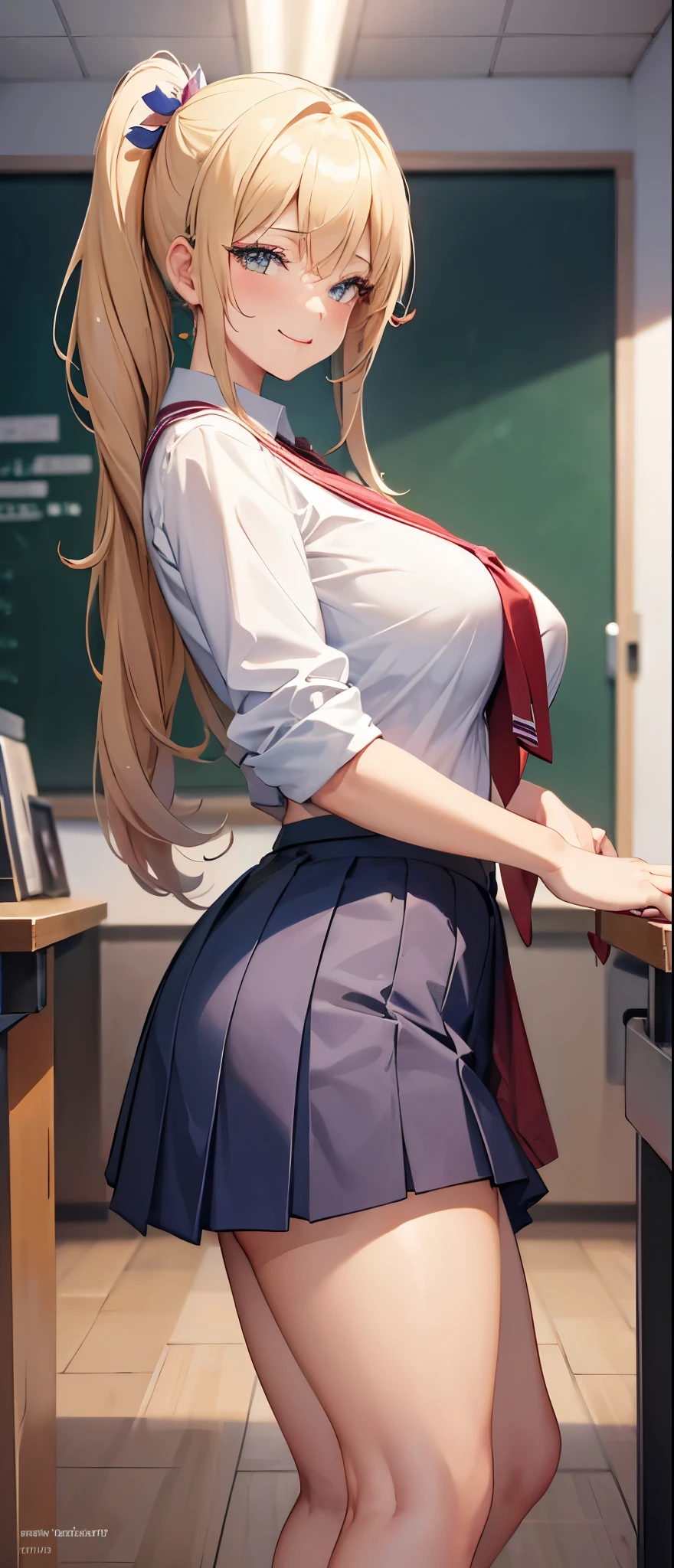 ( Beatiful sexy  feets ) , all naked body , blonde hair , NSFW , HD , smile, huge breasts ,  school girl , 18-years old , makeup , glow , wide angle , Narrow waist, (masterpiece), Wallpaper,Beautiful skins、twin-tail hair , school shirt