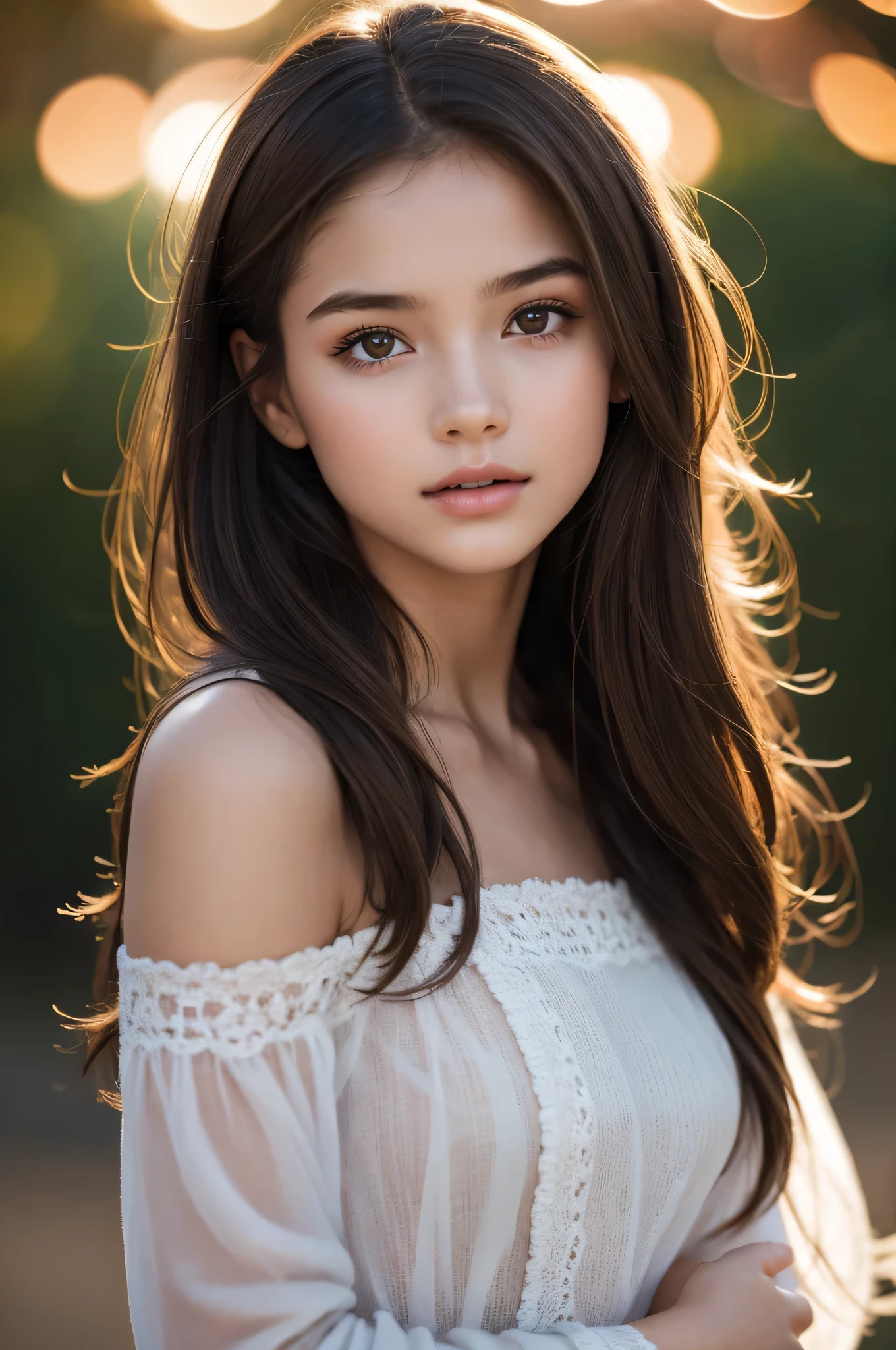 (best quality), (ultra-detailed), (llustration), (detailed light), (an extremely delicate and beautiful), ***ung girl, brown hair, brown eyes, model, bare shoulders, best quality, extremely detailed CG unified 8k wallpaper, High-definition raw color photos, professional photograpy, (((Bokeh))), depth of fields, twilight, sunset,