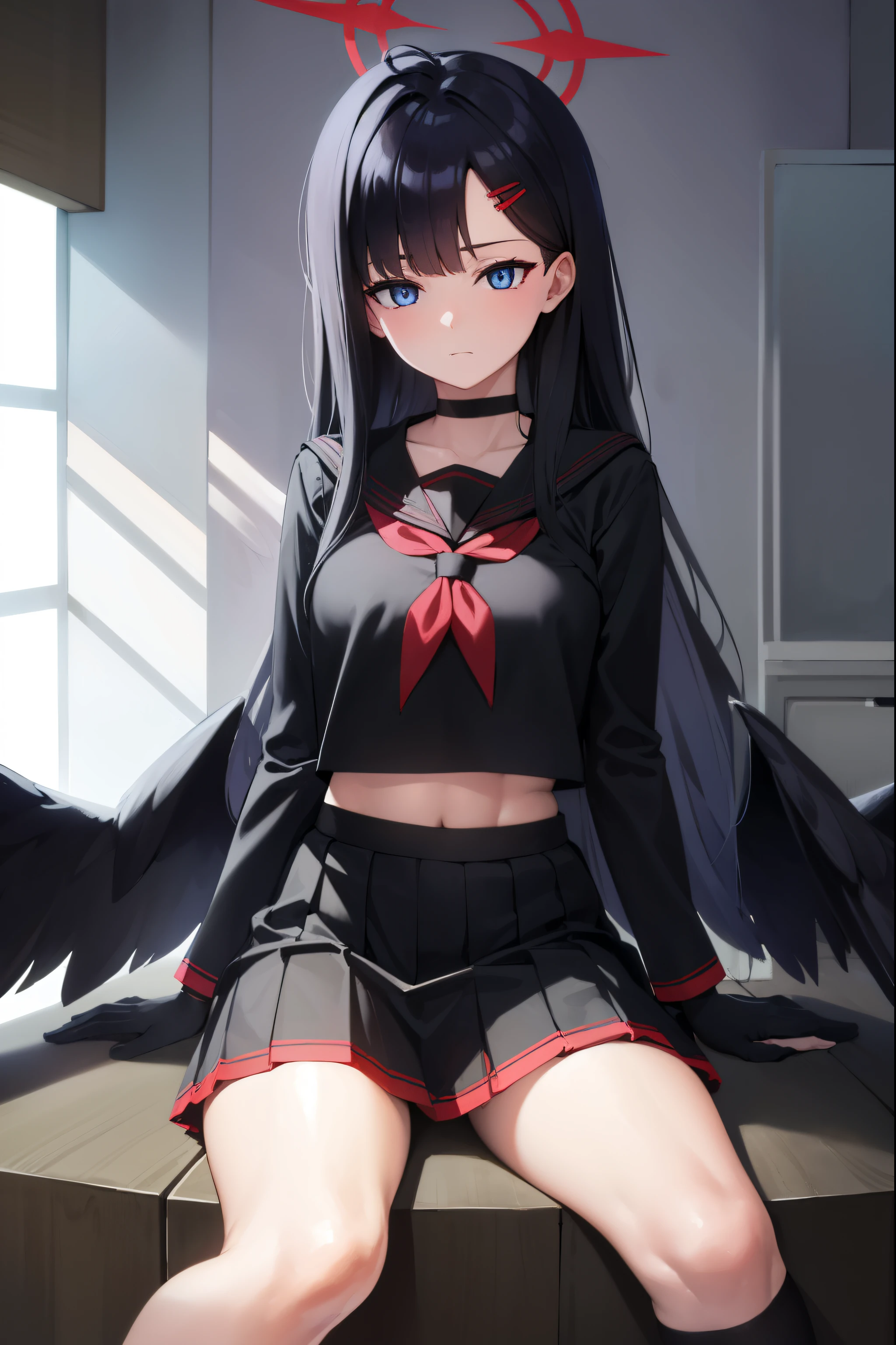 ichikanakamasa, ichika nakamasa, ahoge, black hair, black wings, feathered wings, hair ornament, hairclip, halo, long hair, low wings, red halo, wings,
BREAK armband, black choker, black gloves, black sailor collar, black serafuku, black skirt, choker, gloves, long sleeves, neckerchief, pleated skirt, red neckerchief, safety pin, sailor collar, school uniform, serafuku, skirt,
BREAK looking at viewer, upper body, full body,
BREAK indoors, classroom,
BREAK (masterpiece:1.2), best quality, high resolution, unity 8k wallpaper, (illustration:0.8), (beautiful detailed eyes:1.6), extremely detailed face, perfect lighting, extremely detailed CG, (perfect hands, perfect anatomy),