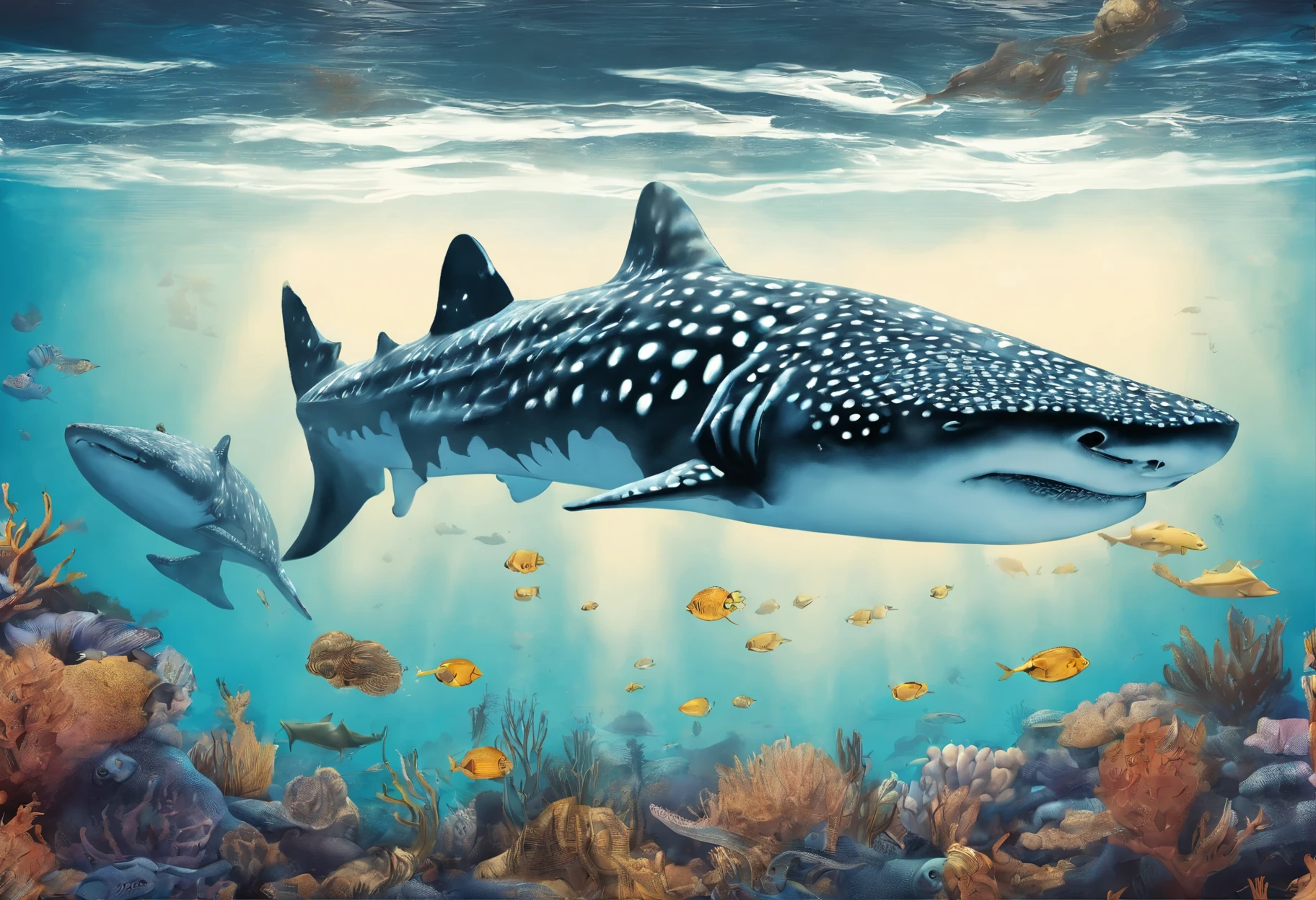 Big breasted diver and whale shark