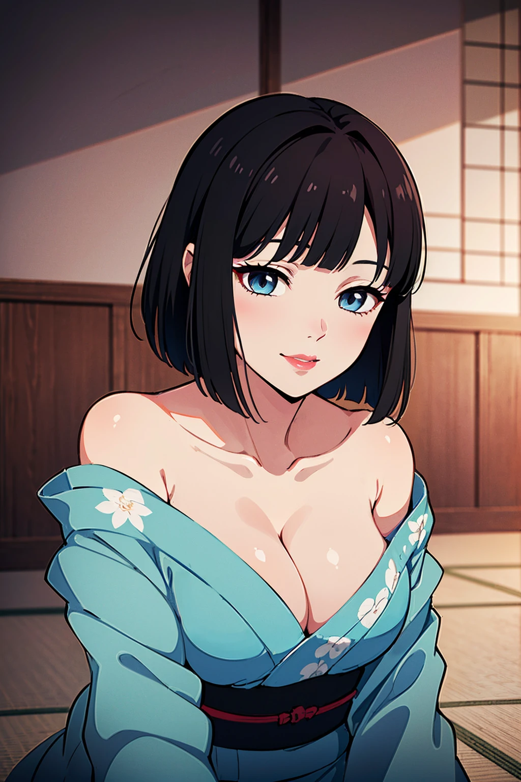 (high-quality, breathtaking),(expressive eyes, perfect face) (((off shoulder yukata, cleavage, sexy lips)), 1girl, female, solo, young adult, black hair , black coloured eyes, stylised hair, gentle smile, short length hair, loose hair, side bangs, japanese clothing, demon slayer art style