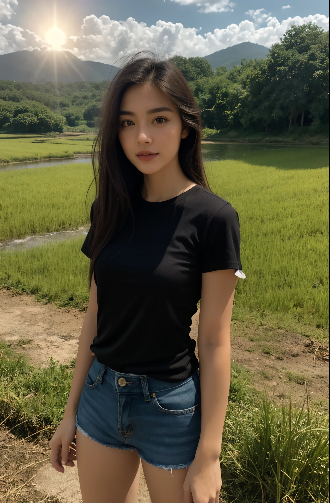 standing in rice field, morning sun, atmospheric perspective, 8k, super detail, accurate, best quality, wearing old black shirt and torn old jeans