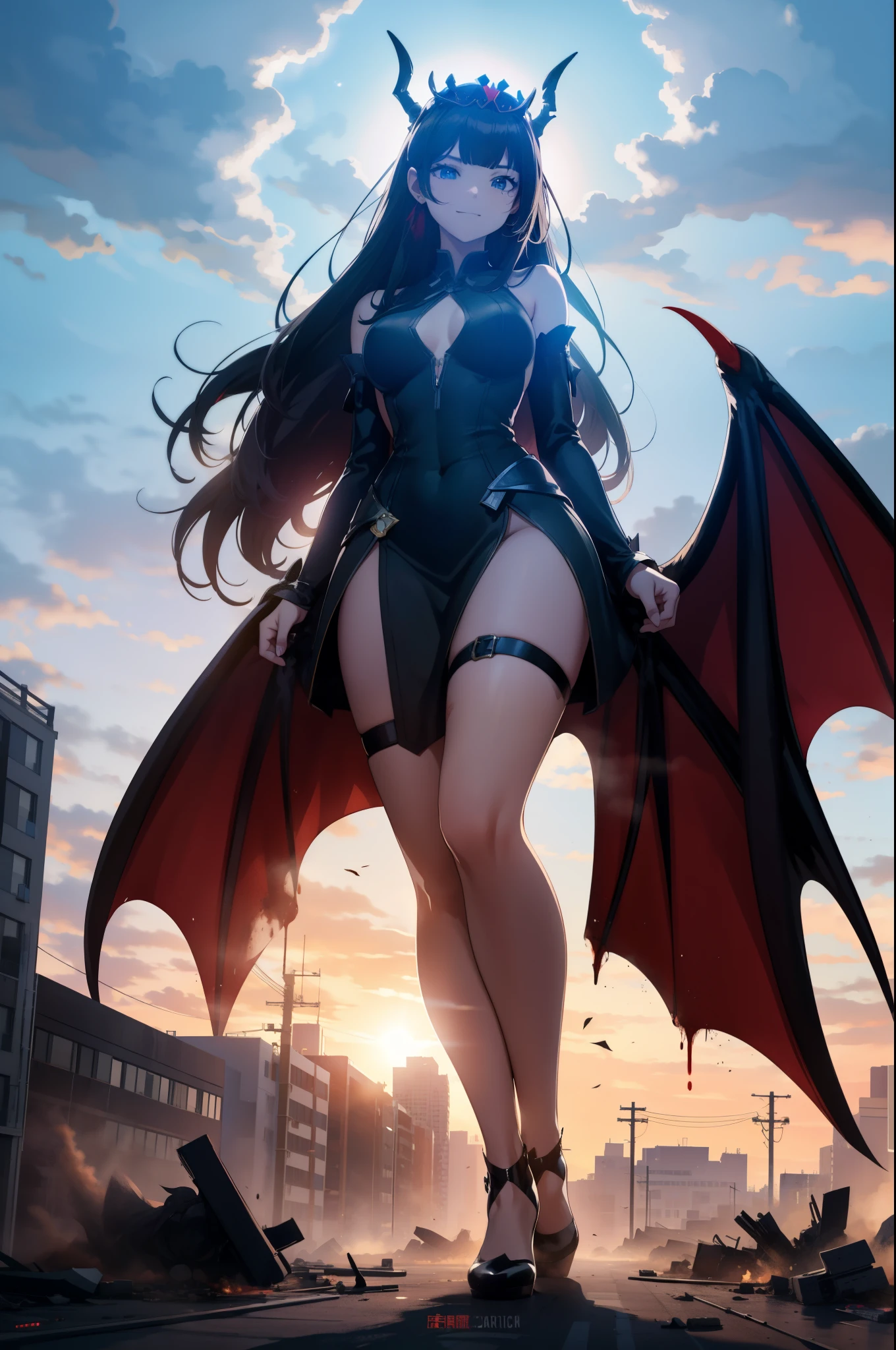 Aerial View，giant girl 50,000 feet high，Have a pair of long legs，Possessing a pair of huge demon wings，Devil's horns grow on the head，Princess，Wearing a crown，miniskirt，有一头black拖尾长发，loose hair，Wearing a pair of Mary Jane heels，black卷发，A look of enjoyment，Standing over a ruined city，城市到处是blood stains，Beautiful appearance，Exquisite makeup，quality，8k，高quality，(governor:1.5)，Perfect proportion, Cinema lighting，film grain，Fuji colors，8k，textured skin，Super details，high detail，high quality，high resolution，explode，fake smile，black，blood stains，脚底有blood stains