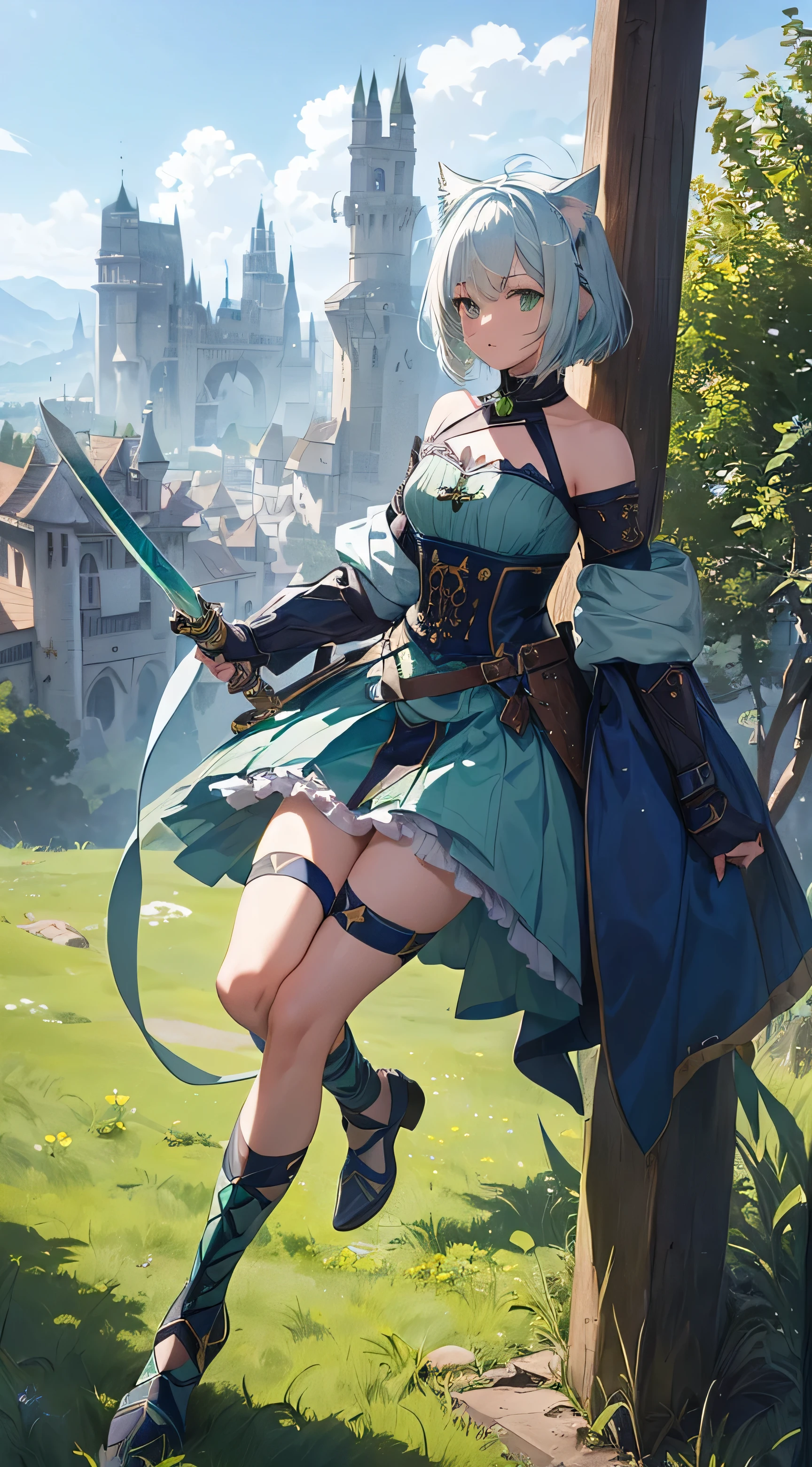 A girl looking at from a distance, Short hair, sword wielding pose, ((medieval armor costume, blue and green mix )) gray hair, female warrior, (((whole body 컷))), (((cat ears))), Dynamic pose swinging a sword, (((whole body))), Show me your whole body, (((outdoor)), show me everything, all the way to the toes, Can you see the tip of the shoe??