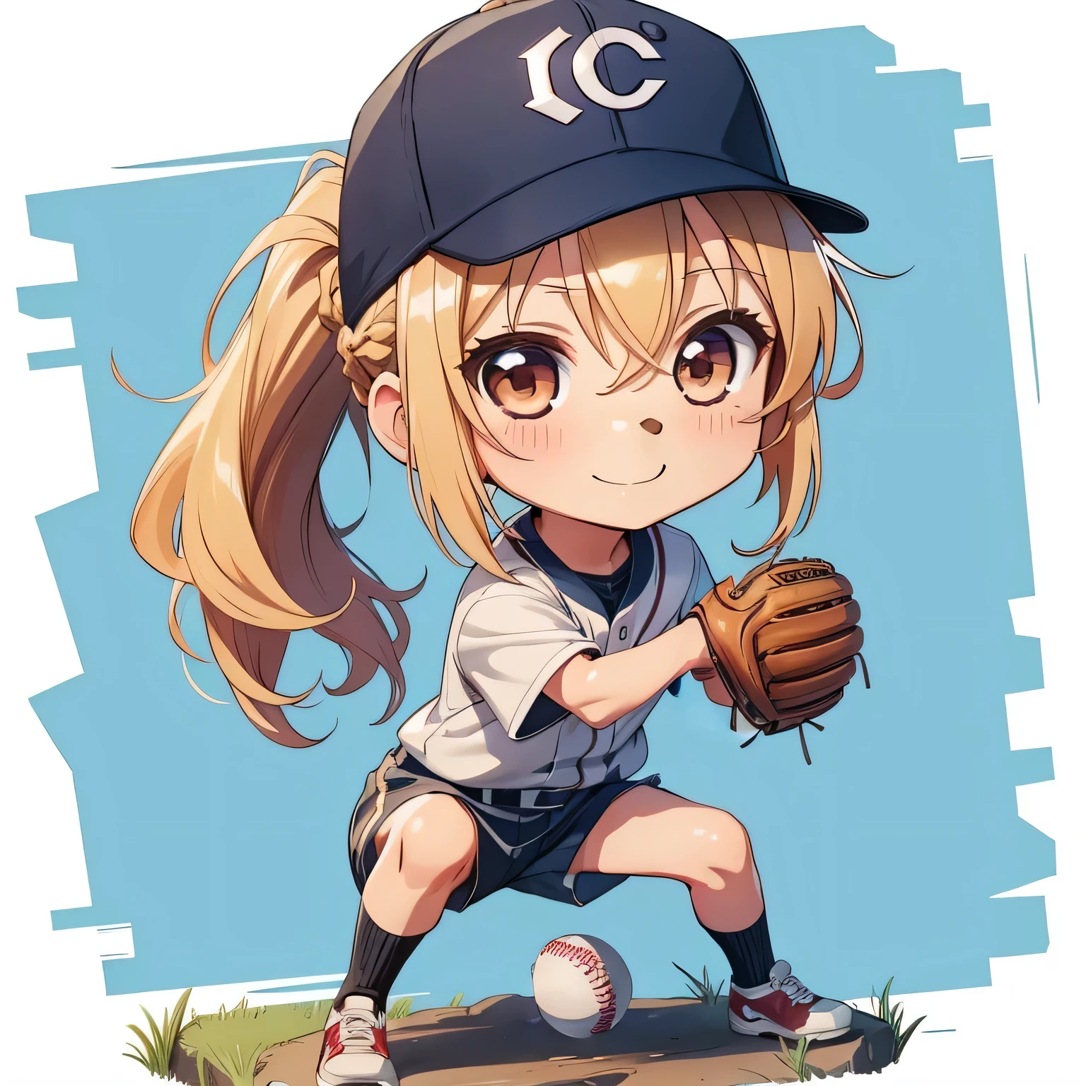 ((Little:1.5)), (masterpiece), (highest quality), High resolution, ultra detail, 8K, 1 girl,alone,16 years old, cute, cute, blonde wavy hair, braid ponytail, beautiful brown eyes, smile, female baseball player, baseball uniform, baseball cap, white shirt, Playing Baseball, Holding a baseball glove, leaning forward, please bend your knees, baseball Ground