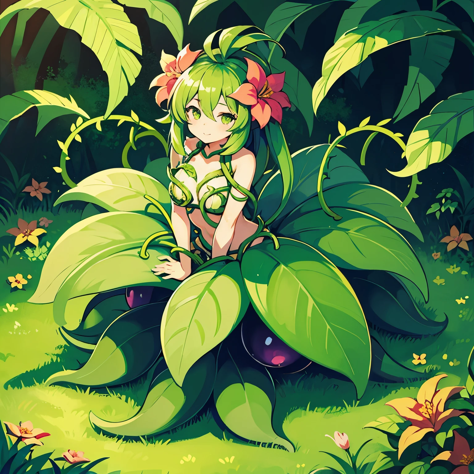 1girl, alraune, flower, vines, full body, outdoors, no legs,