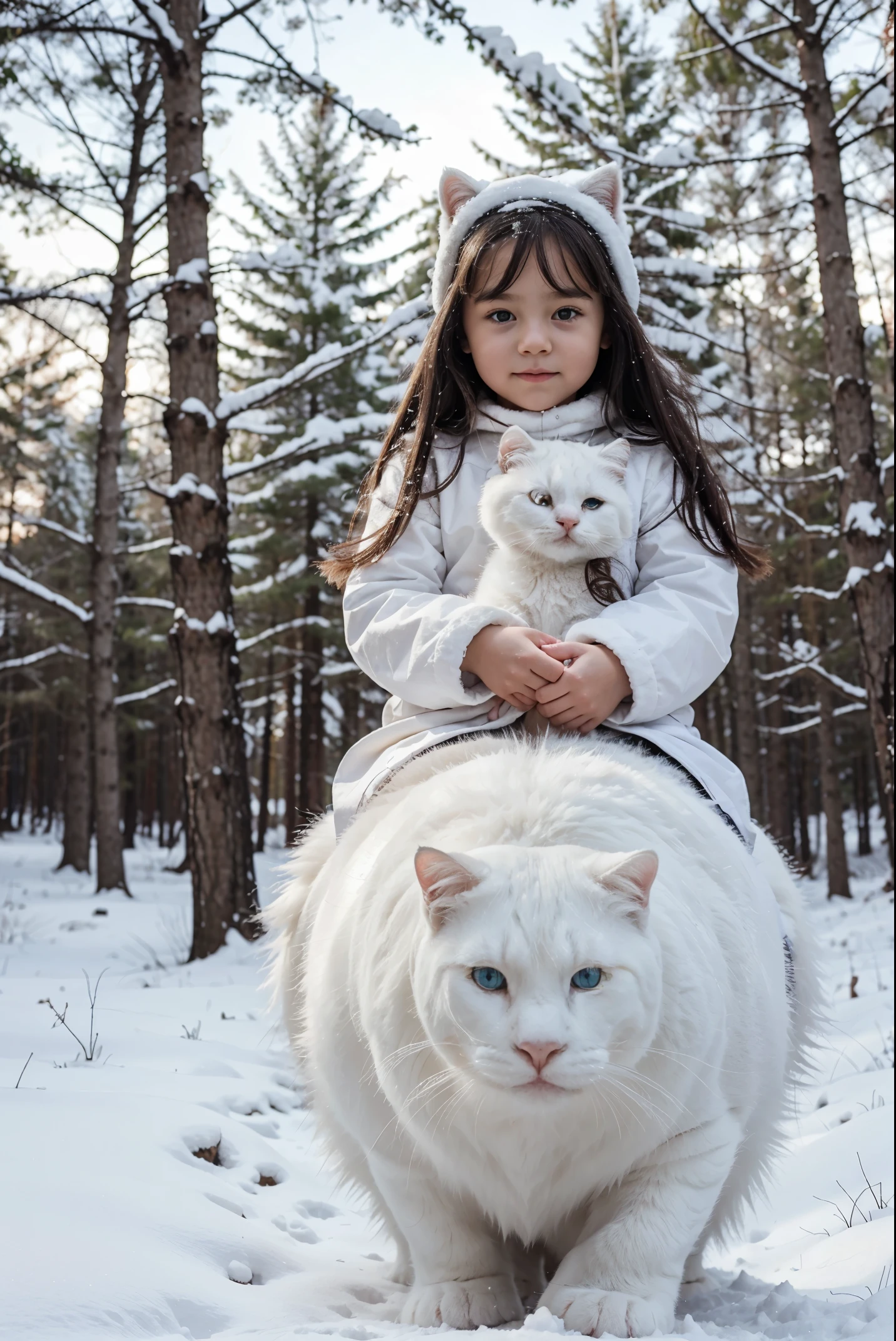 A  girl is riding a huge fluffy white cat through a snowy forest