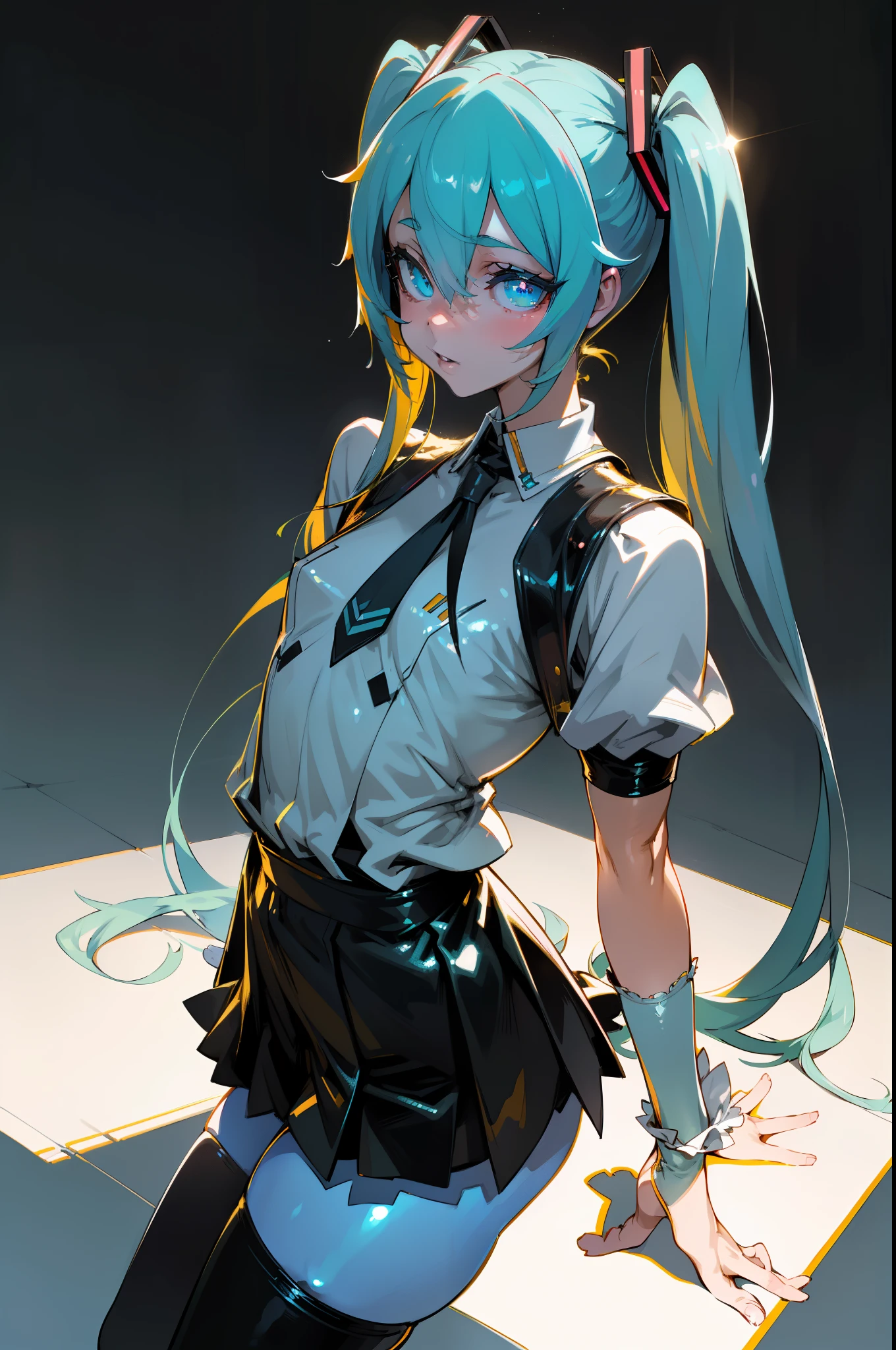 (((Asanagi Art Style))), (((1girl))), (((Waifu, VOCALOID, Miku Hatsune Waifu))), (((Long Hair, Twintails Hair))), ((Cyan Eyes eyes:1.3, Upturned Eyes: 1, Perfect Eyes, Beautiful Detailed Eyes, Gradient eyes: 1, Finely Detailed Beautiful Eyes: 1, Symmetrical Eyes: 1, Big Highlight On Eyes: 1.2)), (((Lustrous Skin: 1.5, Bright Skin: 1.5, Skin Fair, Shiny Skin, Very Shiny Skin, Shiny Body, Plastic Glitter Skin, Exaggerated Shiny Skin, Illuminated Skin))), (Detailed Body, (Detailed Face)), Young, (Best Quality), Shirt, Loose Skirt, Garter Belt, Stockings, High Resolution, Sharp Focus, Ultra Detailed, Extremely Detailed, Extremely High Quality Artwork, (Realistic, Photorealistic: 1.37), 8k_Wallpaper, (Extremely Detailed CG 8k), (Very Fine 8K CG), ((Hyper Super Ultra Detailed Perfect Piece)), (((Flawlessmasterpiece))), Illustration, Vibrant Colors, (Intricate), High Contrast, Selective Lighting, Double Exposure, HDR (High Dynamic Range), Post-processing, Background Blur, Inky Shadows, Darker Shadows, Thick Shadows, High Quality Shadows, high detail, realistic, Cinematic Light, sidelighting, Lens Flare, Ray tracing, sharp focus,