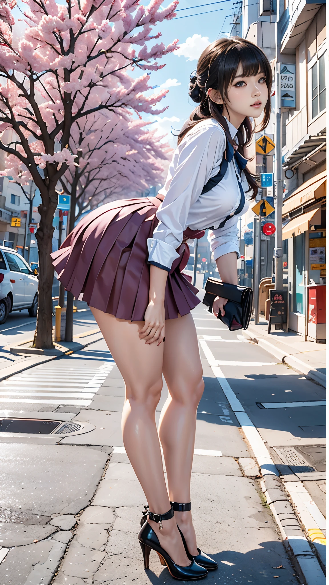 girl in a short skirt and high heels on a city street, trending on cgstation, clean detailed anime art, trending at cgstation, high heels. anime style at pixiv, artwork in the style of guweiz, realistic anime 3 d style, top rated on pixiv, a hyperrealistic schoolgirl, trending on artstation pixiv, at pixiv
