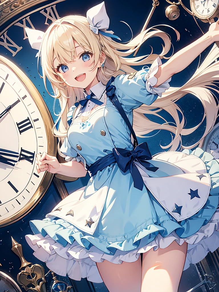 1 girl、laughter、light blue dress、white apron、blonde hair、ribbon、clock、wonderland、(small breasts)、movement、