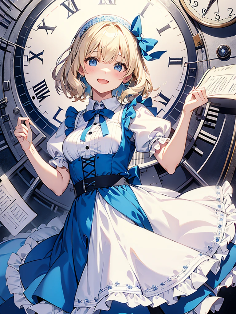 1 girl、laughter、light blue dress、white apron、blonde hair、ribbon、clock、wonderland、(small breasts)、movement、