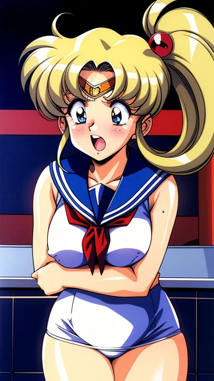 highest quality, super detailed, High resolution, 4k,(1990s \(style\),retro artstyle,), big breasts, (dressed:1.3), (Vulgarity:1.4), (blush your nose:1.2),　plump body、（white panties：1.2、Panty shot：1.6、mini skirt：1.2）、（１girl、embarrassing、beautiful face:1.4）、sailor moon、 face forward、troubled face、open mouth、whole body、view audience、cowboy shot、