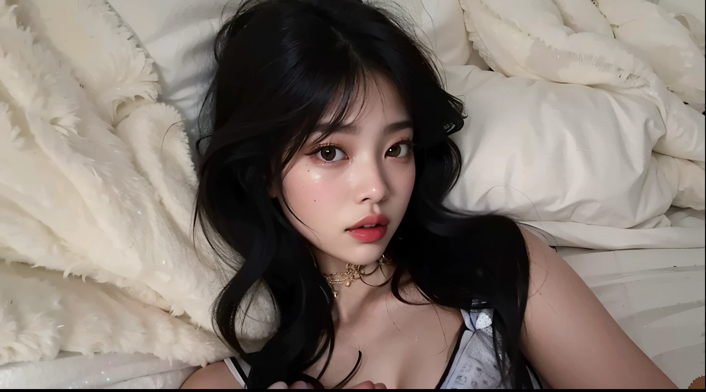 Jennie blackpink arafed lying on a bed with a teddy bear, ela tem um rosto fofo, pale round face, Ulzzang, rosto redondo macio, with pale skin, lindo rosto delicado, de 19 anos, linda mulher sul-coreana, ela tem cabelo preto com franja, linda jovem coreana, com cabelos longos e olhos penetrantes, posando na cama, jennie blackpink