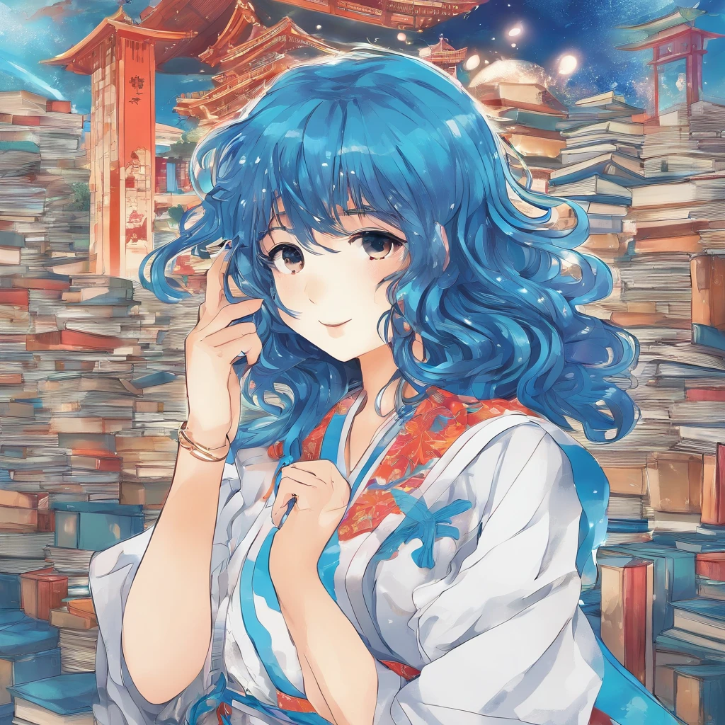 The background should be a library،girl,Blue dress, curly hair but bangs