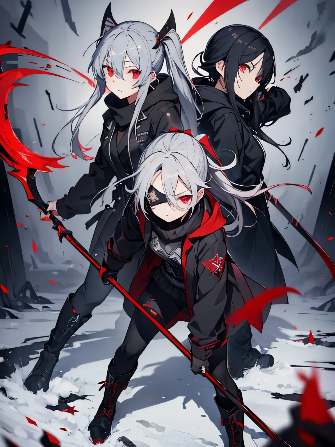 gray hair red eye black clothes the scytheを持っている boots eyepatch Kitchen two disease cool Crow the scythe dark dark darkness 大the scythe grim Reaper evil ponytail long coat sefu ラスsefu Red Moon Blindfold dragon battle battle hood Scarf