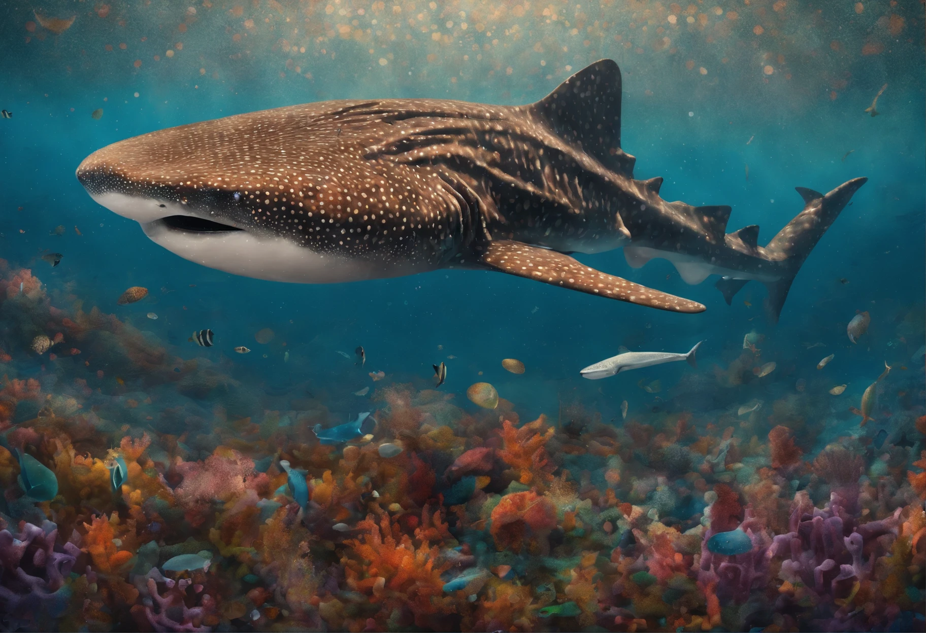 Big breasted diver and whale shark