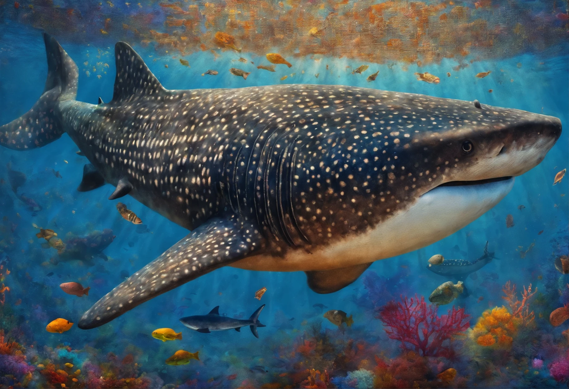 Big breasted diver and whale shark