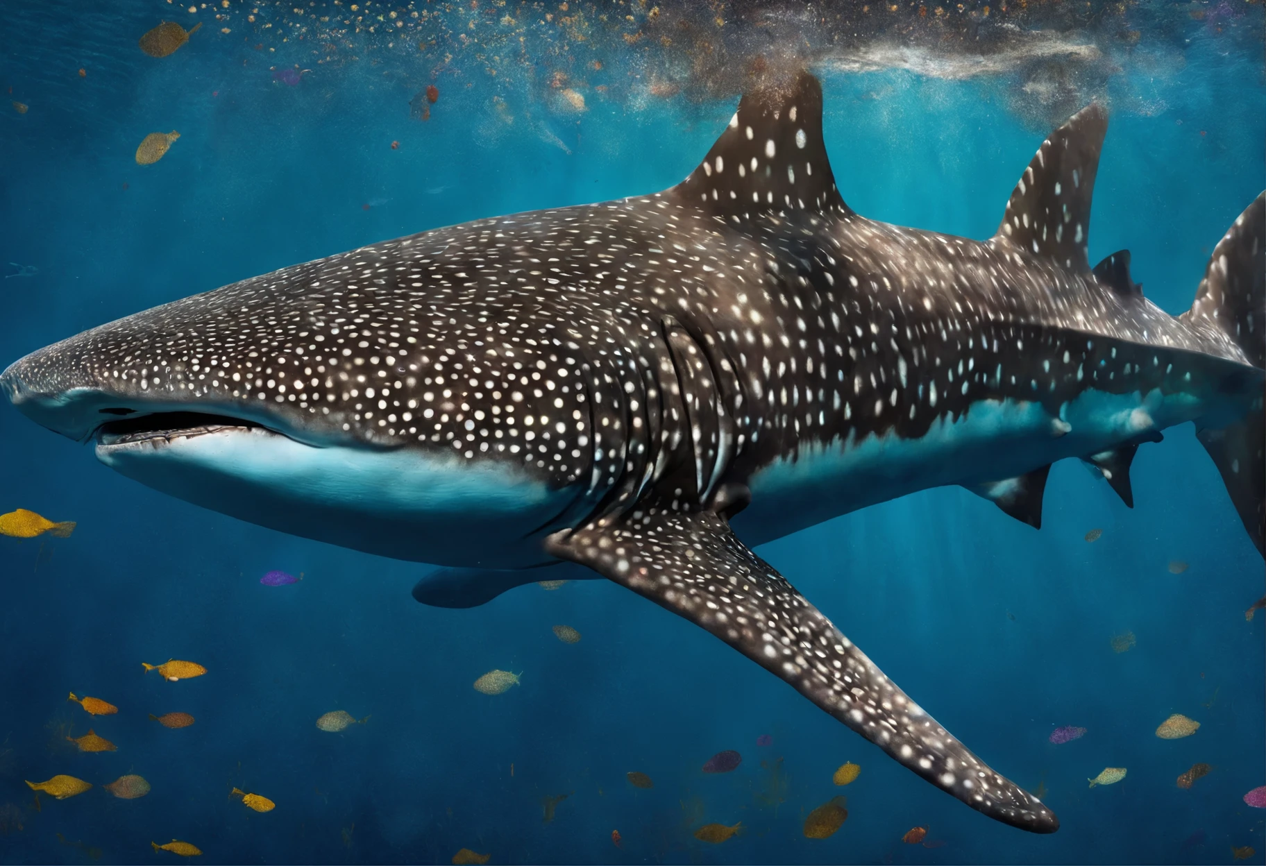 Big breasted diver and whale shark