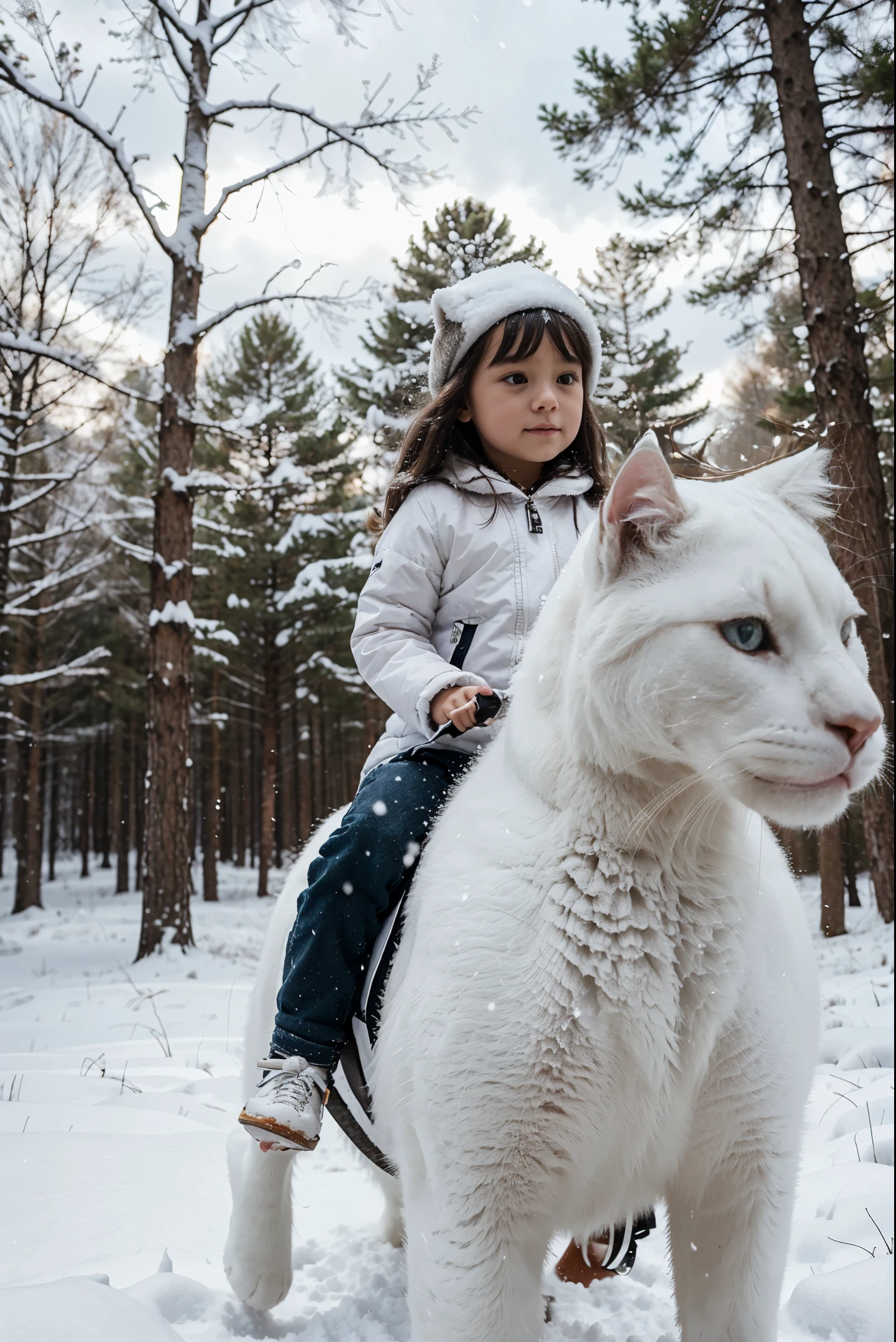 A girl is riding a huge fluffy white cat through a snowy forest