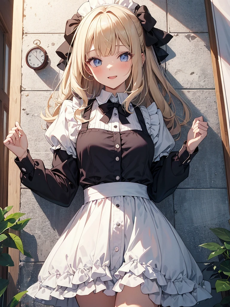 1 girl、laughter、light blue dress、white apron、blonde hair、ribbon、clock、wonderland、(small breasts)、movement、