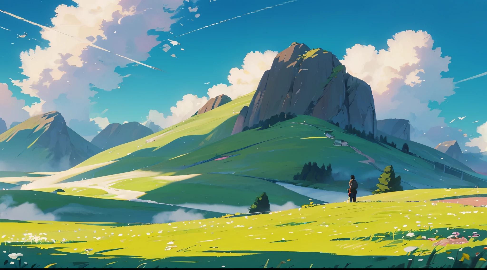 masterpiece，Delicate picture，8k，photography，cartoon，Relax，beautiful grassland，Sunny days and white clouds，The wind is blowing，Scenes，游戏般的Scenes，(no characters)，(wilderness)，(开阔的Scenes)，(plain)，distant mountains