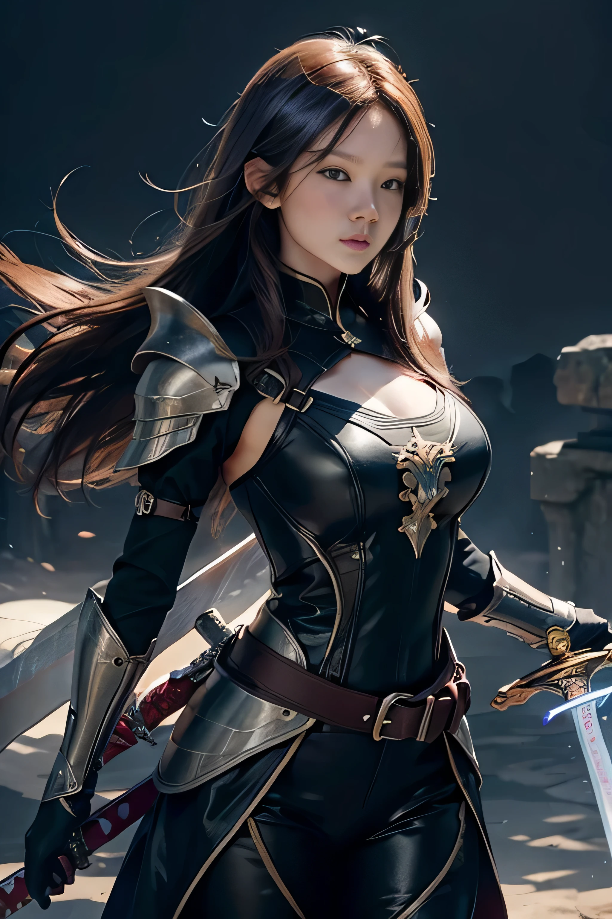 Make me an armored warrior with an aura greatsword, She has long brown hair with a white streak, her predominant color is orange Medieval RPG A BAD CHARACTER make her a warrior