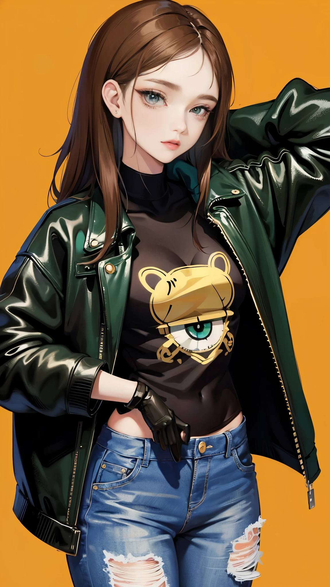 Cartoon character of a woman wearing a black shirt with long sleeves and blue jeans, short brown hair, Neck length, green eyes, Figures inspired by Tomer Hanuka, Hot topics on pixiv, Continuous art, Heavy gesture style closeup, full body details, Wear casual clothes, style anime, Anime style super detailed, anime style characters, Eye-catching and detailed art style, realism art style, Clean and detailed anime style, modern anime style, brown hair