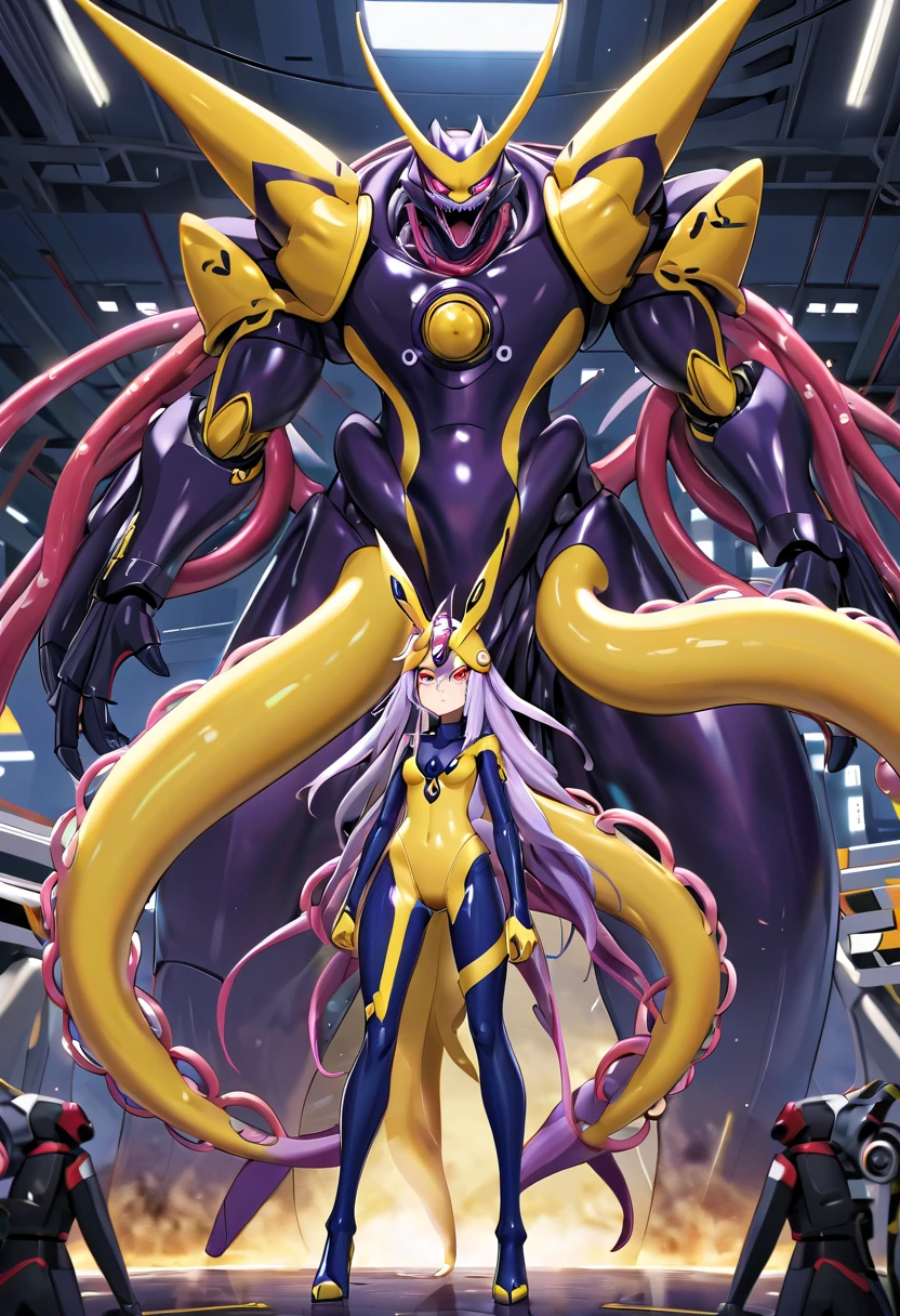 NSFW，Pilot and giant battle mecha，The pilot is inside a giant battle mech.，Pilot details(Height: 160cm，The pilot is in front of a giant battle mech.，The pilot wears a Renamon-type full body suit.，He hides his face with a Renamon-type full face.，tentacle cockpitに乗り込んでいる，Pussy is connected to tentacles，Renamon type full body suit is sticky and glossy with mucus.，evil depravity，symbiote)，Details of the giant battle mecha(Looks like a fusion of Renamon and a dragon，symbiote，evil depravity，About 10 meters tall，Mofumofu tail，fox ears，standing behind the pilot)，tentacle cockpit，renamon crossover