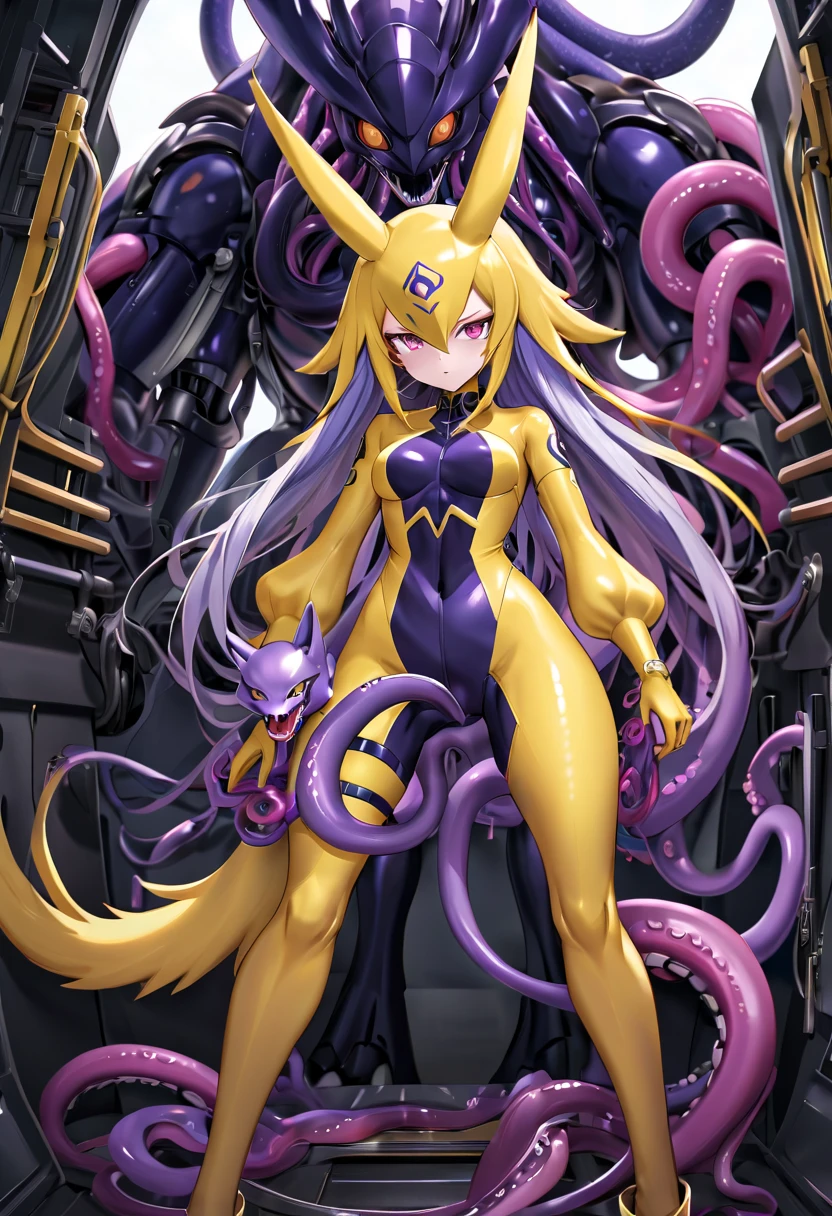 NSFW，Pilot and giant battle mecha，The pilot is inside a giant battle mech.，Pilot details(Height: 160cm，The pilot is in front of a giant battle mech.，The pilot wears a Renamon-type full body suit.，He hides his face with a Renamon-type full face.，tentacle cockpitに乗り込んでいる，Pussy is connected to tentacles，Renamon type full body suit is sticky and glossy with mucus.，evil depravity，symbiote)，Details of the giant battle mecha(Looks like a fusion of Renamon and a dragon，symbiote，evil depravity，About 10 meters tall，Mofumofu tail，fox ears，standing behind the pilot)，tentacle cockpit，renamon crossover