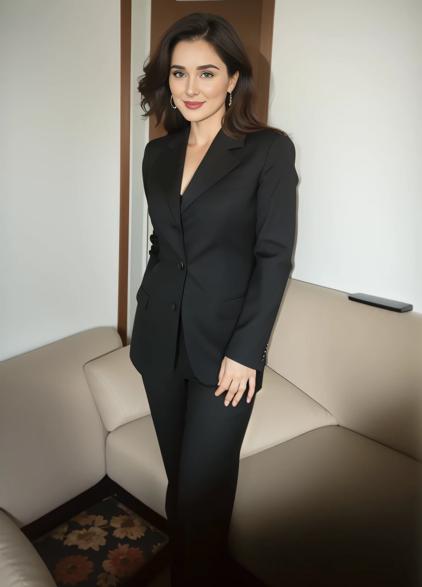 There is an American woman standing in a room with a sofa, vestindo um terno preto, vestindo um terno preto, with a business suit on, em um terno rigoroso, in a business suit, vestindo um terno formal, vestindo um terno preto nobre, vestindo um terno da moda. Uma mulher com pele branca e cabelos escuros. Ela tem trinta anos. Seu vermelho, slightly plump lips are like a delicate flower, e ela grande, olhos encantadores parecem conter um mundo de maravilhas. Ela tem 30 anos. Your body exudes glamor and your face is the definition of beauty. pernas bem torneadas. Altamente realista, pele avermelhada, beautiful lips, sorriso, feeling of lightness and joy, hiperrealismo, pele muito elaborada, olhar direto, trabalho de arte, Foto de alta qualidade, high resolution, 8k.