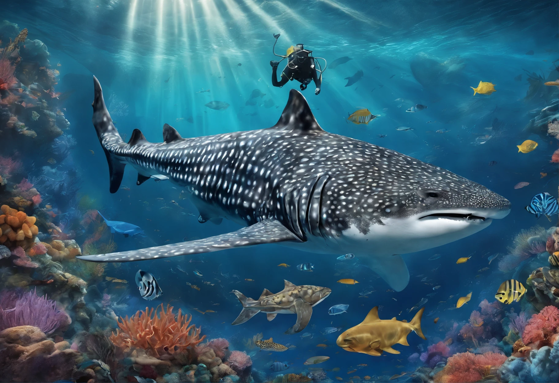 a diver with large breasts,swimming underwater at a close distance to a magnificent whale shark,beautifully detailed underwater scene,crystal clear waters with vibrant marine life,gorgeous coral reef,rays of sunlight penetrating through the water,creating a mesmerizing play of light and shadow,realistic depiction of the diver's scuba gear and equipment,including a tank,mask,and flippers,detailed textures on the skin of the diver and the whale shark,showcasing every scale and pore,impressive scale and size difference between the diver and the massive whale shark,creating a sense of awe and wonder,ultra-detailed rendering of the intricate patterns and colors on the whale shark's skin,the diver and the whale shark surrounded by various other mesmerizing sea creatures like tropical fish and sea turtles,creating a vibrant and lively underwater ecosystem,high-resolution artwork capturing the smallest details,allowing viewers to admire the craftsmanship and skill behind the piece,photorealistic style,bringing the scene to life with its lifelike appearance,vivid and vibrant colors,accentuating the beauty of the underwater world,expertly crafted lighting,enhancing the mood and atmosphere of the scene,immersing viewers in the serene and awe-inspiring underwater environment.
