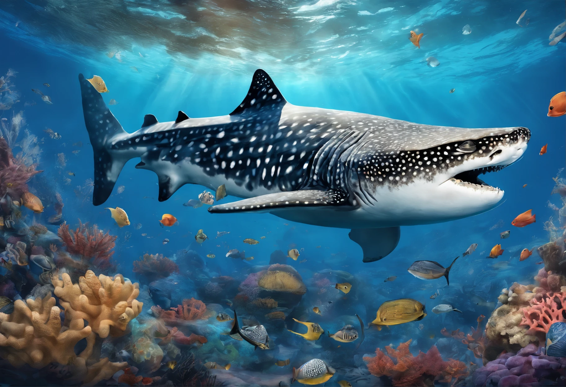 Big breasted diver and whale shark