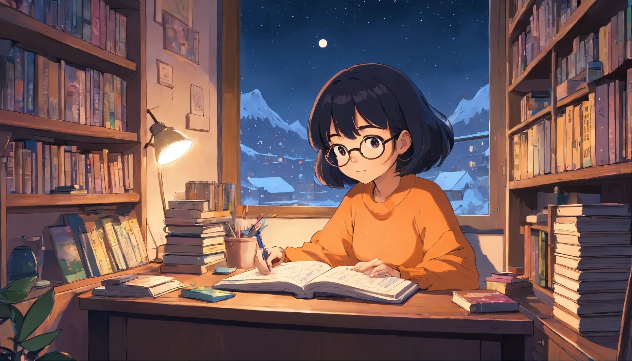 masterpiece, high quality cg, black anime, illustration, best quality, 1 black girl, black skin, no hands visible, beautiful face, detailed face, correct hand shape dokkaebi, solo, looking at viewer, black hair, round glasses , hair behind the ears, anime girl studying in her room, dreaming, wearing headphones, too many books, bookshelves, night light, big window view, snowy day, too much snow. Analog color theme. Lo-Fi Hip Hop, retrospective flat. 2.5D. Line Drawing, Ink Painting, Big Gradient, Watercolor Painting, Goose Color, Studio Ghibli Style, Cool Colorful, Outer Color, krautrock, lofi art, 70's style, old textures, amplitude, psychedelic vibes, masterpiece, Amazing technology.