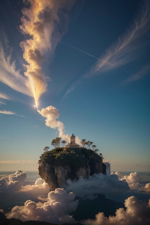 Panorama Celestial:
Visualiza un cielo expansivo, full of warm and soft tones. La imagen muestra un atardecer o amanecer celestial, donde el sol pinta el horizonte con colores que van desde los tonos dorados hasta los azules suaves. Las nubes, esponjosas y luminosas, reflejan la luz celestial.

Elementos Terrenales:
En la parte inferior de la imagen, introduce earthly elements that enhance the connection with the Earth. Pueden ser campos de flores multicolores, lush trees or a serene expanse of water that reflects the sky.

sense of depth:
Add layers to the image to convey depth and breadth. They could be distant mountains, gently bathed in divine light, que se desvanecen en la distancia. This creates a feeling of vastness and majesty.

Symbols of Peace and Serenity:
Incorpora elementos que simbolicen paz y serenidad. Pueden ser aves en vuelo, con alas extendidas hacia el cielo, o mariposas que danzan suavemente en la brisa celestial. These symbols add a feeling of lightness and harmony.

Abundancia en Detalles:
Surround the image with small details that suggest abundance. Pueden ser frutas maduras, flowers in full bloom or gently flowing waterfalls. Every detail reinforces the feeling of prosperity that emanates from the heavenly sky..

Luz Celestial:
Pay special attention to the light that emanates from the sky. Make the sun&#39;s rays filter through the clouds, creando destellos de luz que iluminan la tierra con una claridad celestial. This reinforces the feeling of divine connection.

Color Transition:
Creates a smooth transition of colors from the earth to the sky, fusionando los elementos terrenales con la belleza celestial. This will reflect the harmony between both kingdoms and will emphasize the idea of a paradise seen from Earth..

Mensaje Espiritual:
Include some element that conveys a subtle spiritual message, as a celestial figure or sacred symbol that represents the connection between heaven and earth