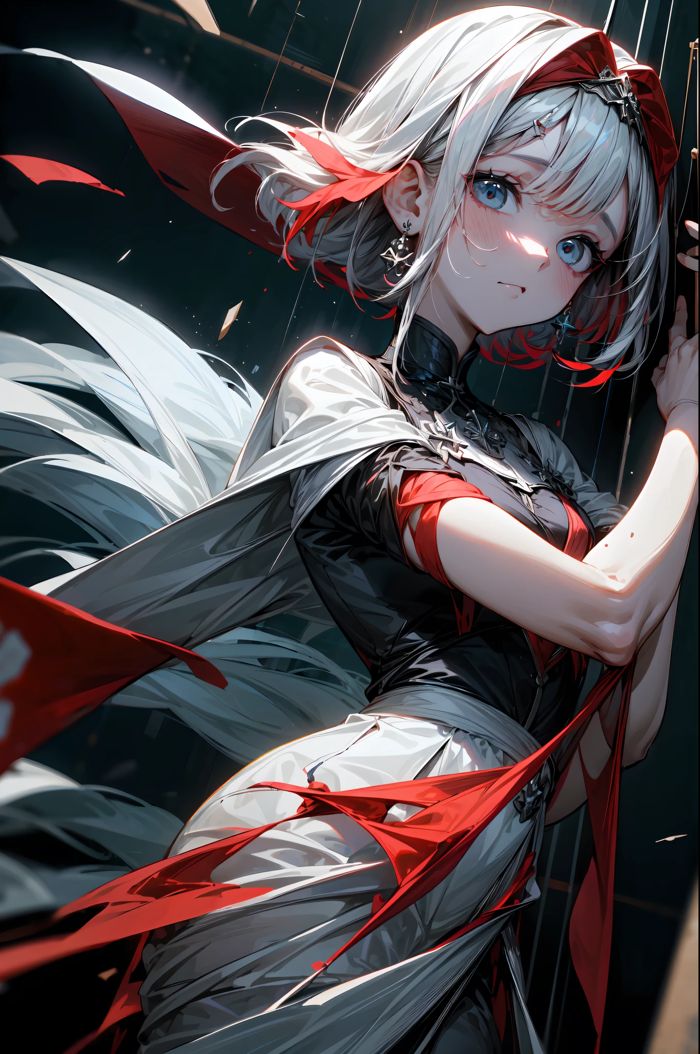 (better quality) (masterpiece) (Full HD 4K),(4K) (high quality) Girl with red hair、dead body、blood all around、blood spatter、dark tones、red tint、