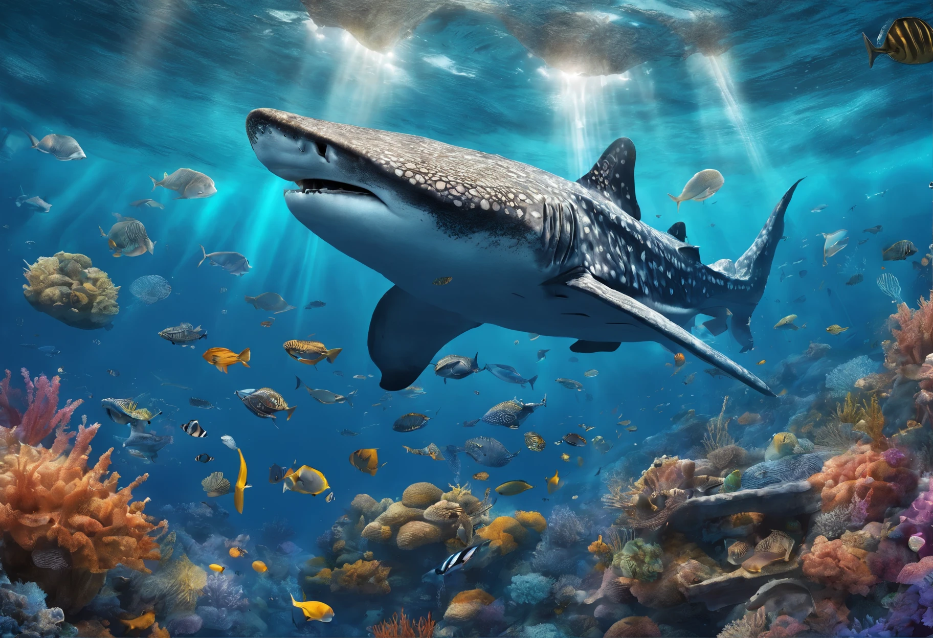 a diver with large breasts,swimming underwater at a close distance to a magnificent whale shark,beautifully detailed underwater scene,crystal clear waters with vibrant marine life,gorgeous coral reef,rays of sunlight penetrating through the water,creating a mesmerizing play of light and shadow,realistic depiction of the diver's scuba gear and equipment,including a tank,mask,and flippers,detailed textures on the skin of the diver and the whale shark,showcasing every scale and pore,impressive scale and size difference between the diver and the massive whale shark,creating a sense of awe and wonder,ultra-detailed rendering of the intricate patterns and colors on the whale shark's skin,the diver and the whale shark surrounded by various other mesmerizing sea creatures like tropical fish and sea turtles,creating a vibrant and lively underwater ecosystem,high-resolution artwork capturing the smallest details,allowing viewers to admire the craftsmanship and skill behind the piece,photorealistic style,bringing the scene to life with its lifelike appearance,vivid and vibrant colors,accentuating the beauty of the underwater world,expertly crafted lighting,enhancing the mood and atmosphere of the scene,immersing viewers in the serene and awe-inspiring underwater environment.